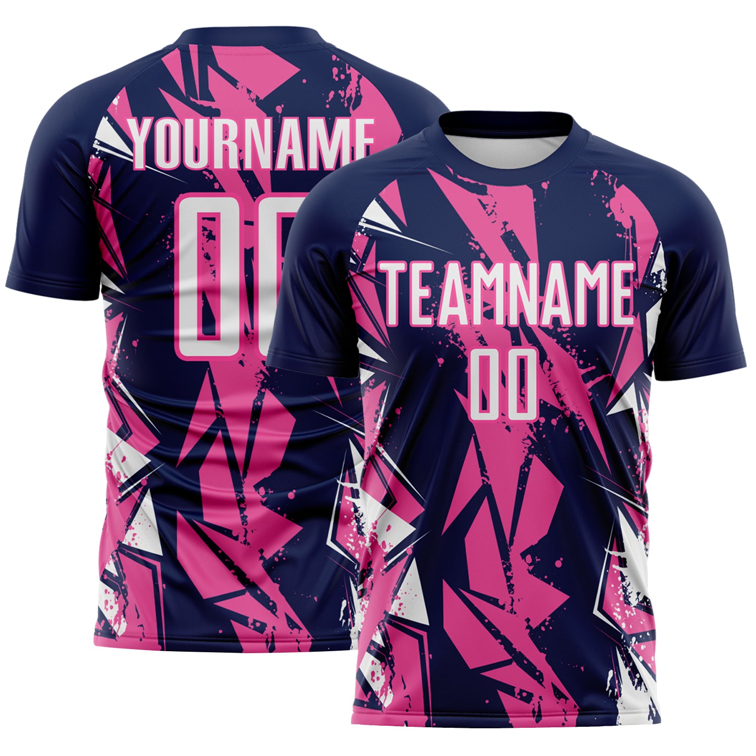Custom Navy White-Pink Geometric Shard Grunge Splash Sublimation Soccer Uniform Jersey