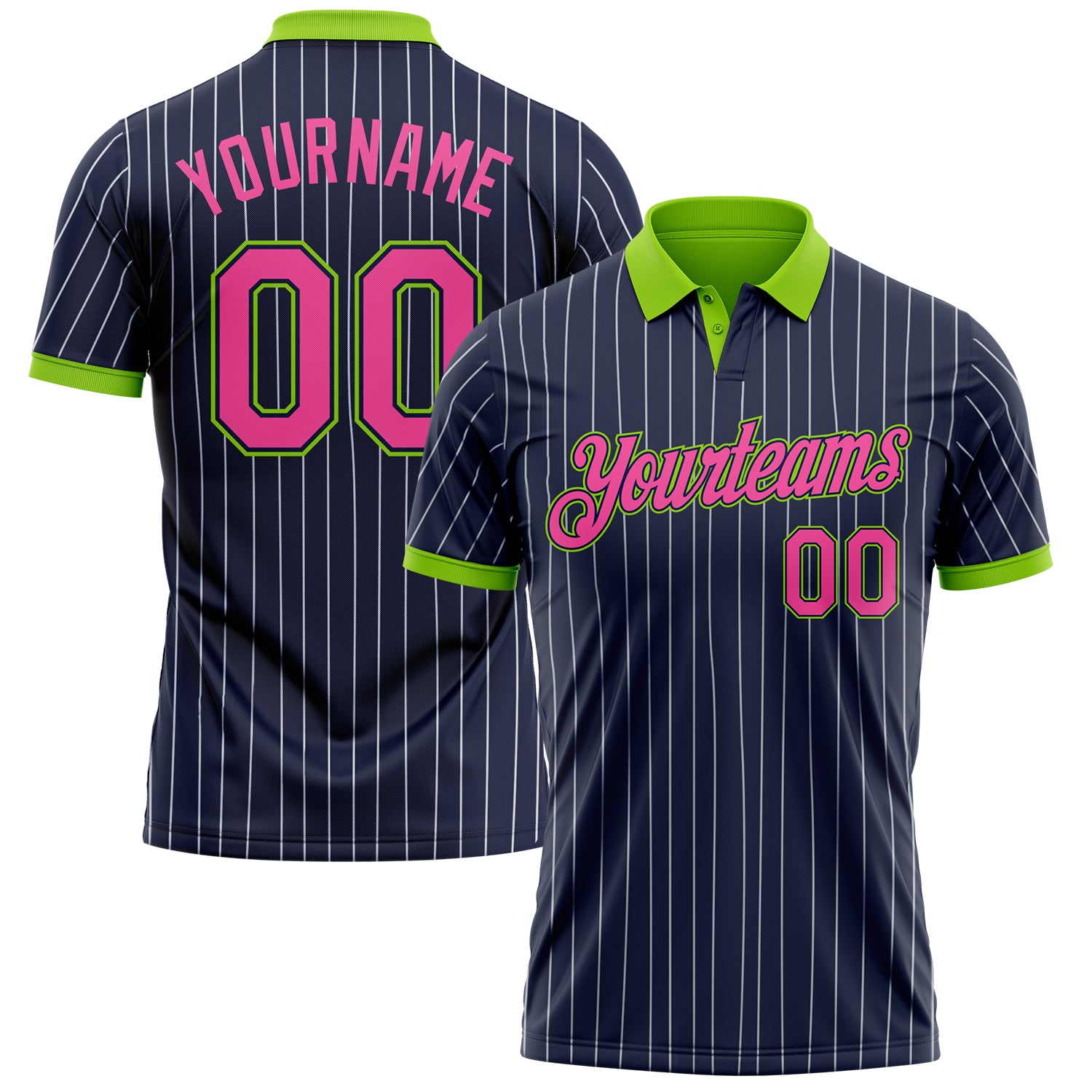 Custom Navy White Pinstripe Pink-Neon Green Performance Polo Shirt