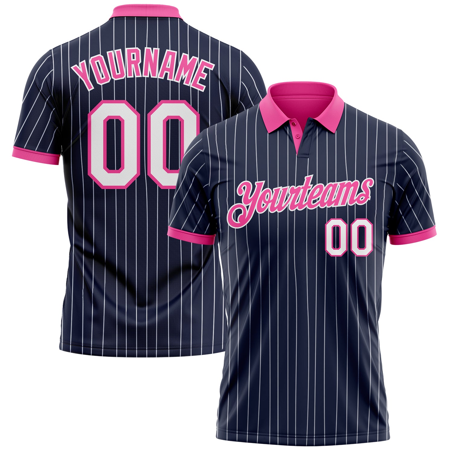 Custom Navy White Pinstripe-Pink Performance Polo Shirt