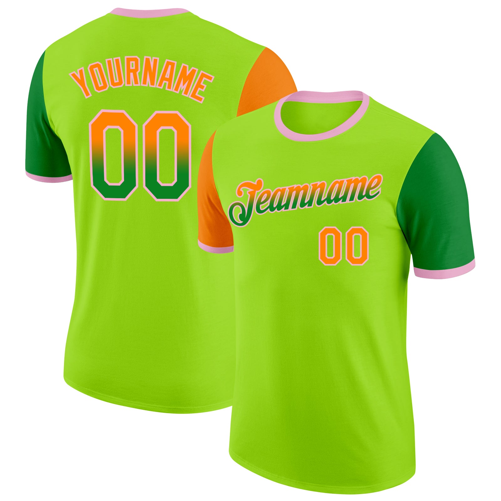 Custom Neon Green Bay Orange Grass Green-Light Pink Gradient Two Tone Performance T-Shirt