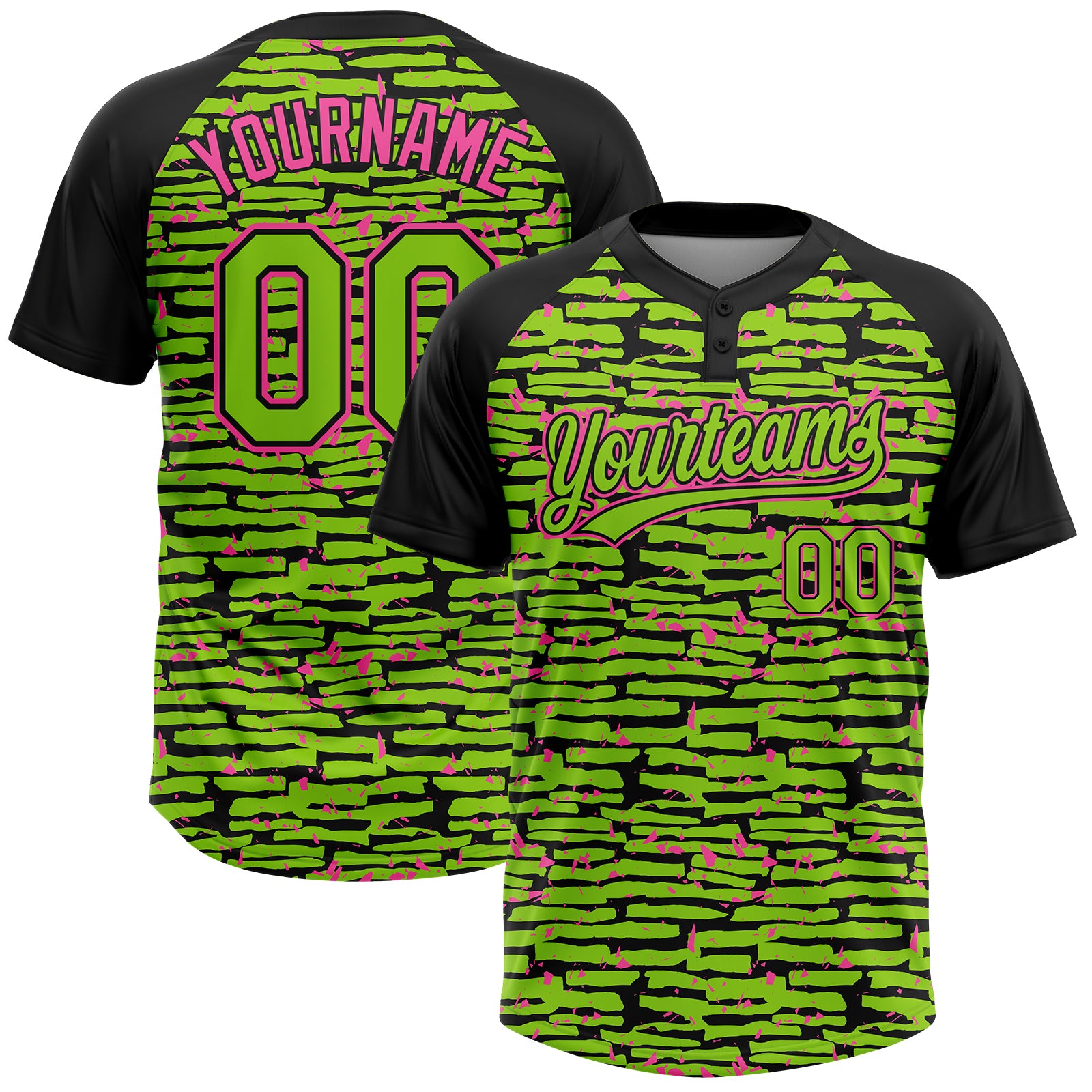 Custom Neon Green Black-Pink Raglan Sleeves Distressed Fragment Brush Stroke Two-Button Unisex Softball Jersey