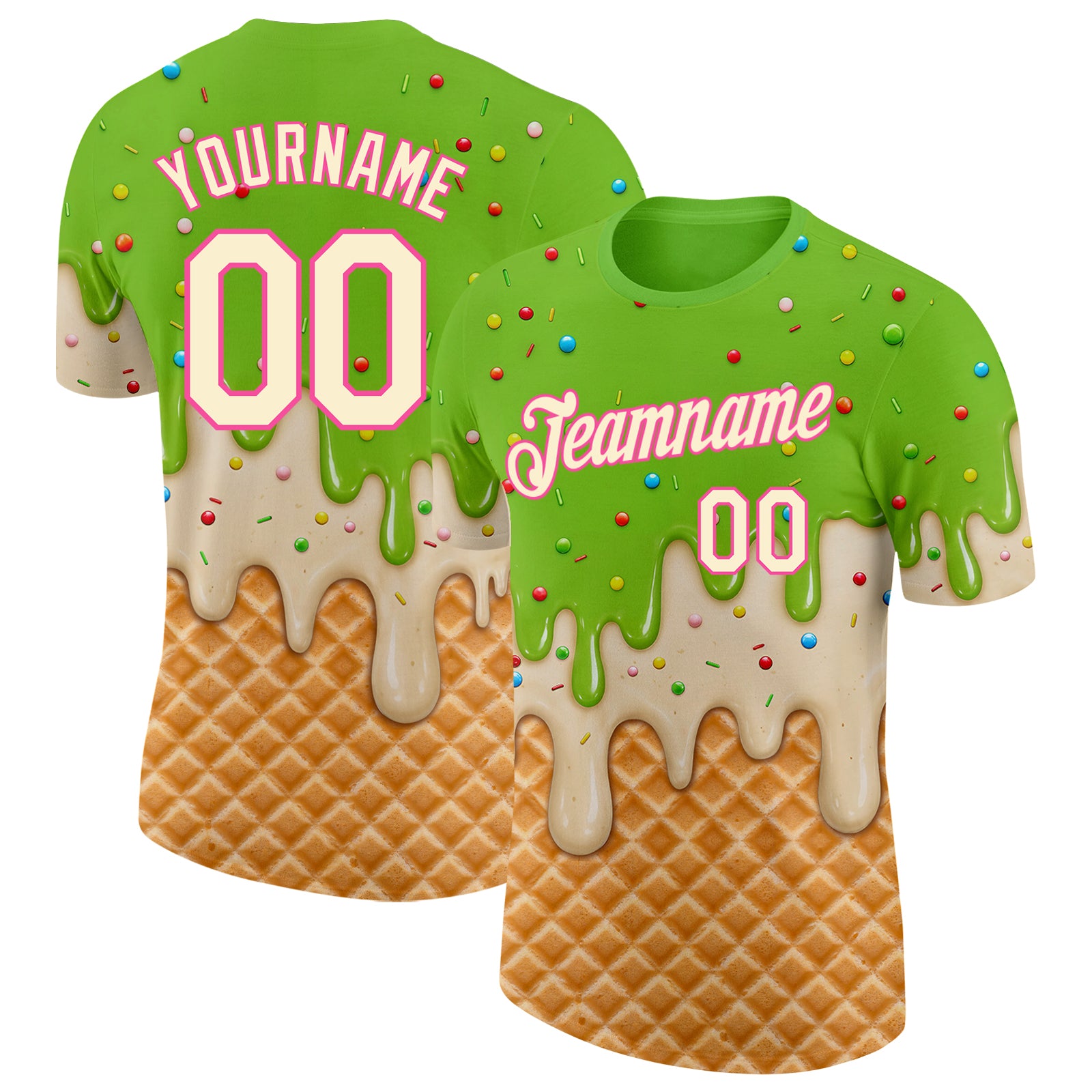 Custom Neon Green Cream-Pink Ice Cream Waffle Foodie Dessert Performance T-Shirt
