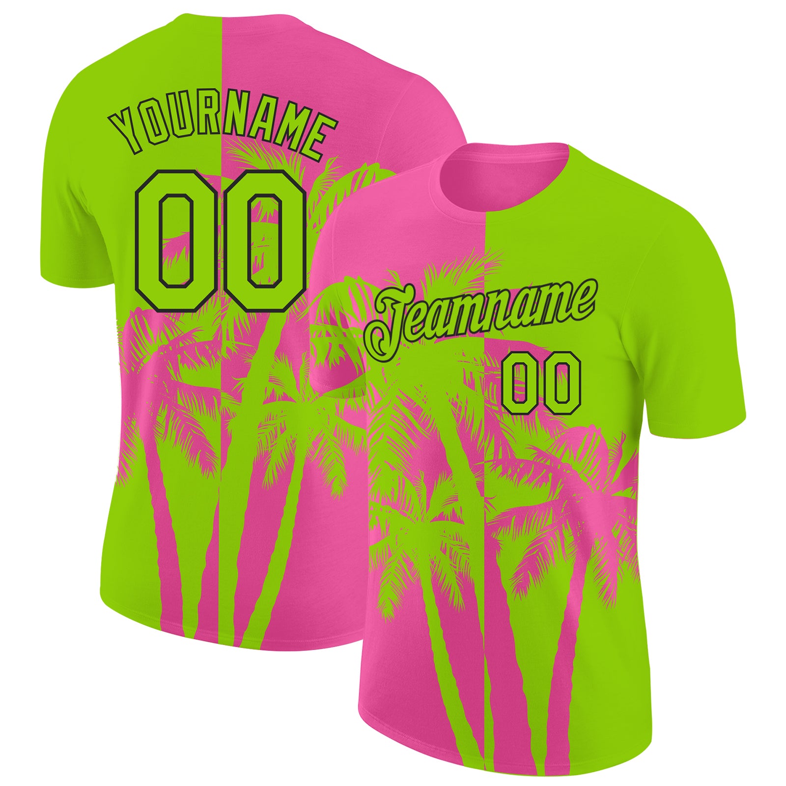 Custom Neon Green Pink-Black Hawaii Tropical Coastal Palm Trees Performance T-Shirt