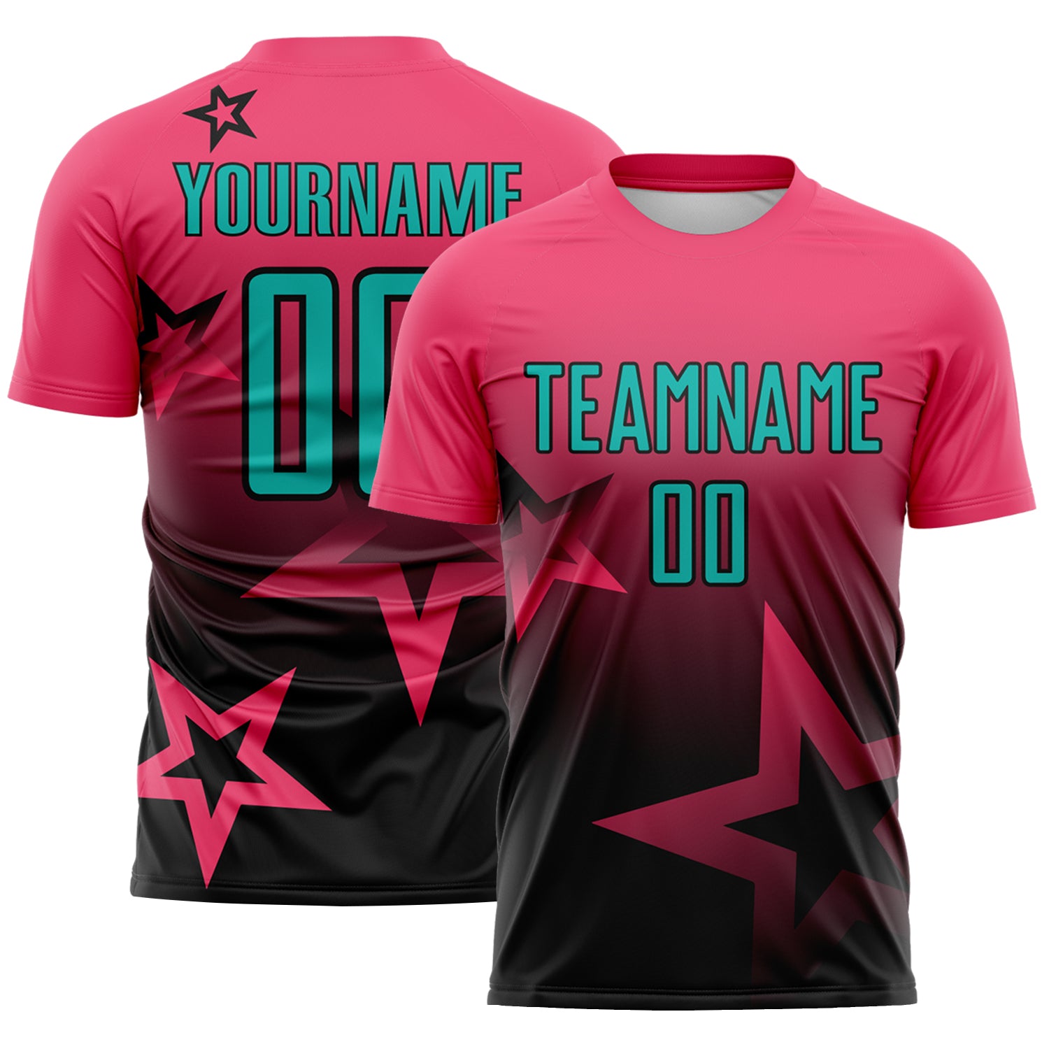 Custom Neon Pink Aqua-Black Gradient Style Twinkle Star Sublimation Soccer Uniform Jersey