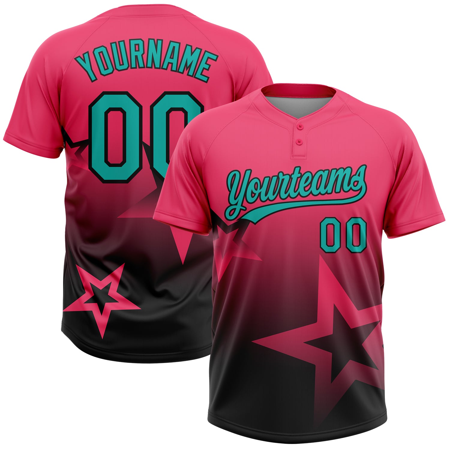 Custom Neon Pink Aqua-White Gradient Style Twinkle Star Two-Button Unisex Softball Jersey