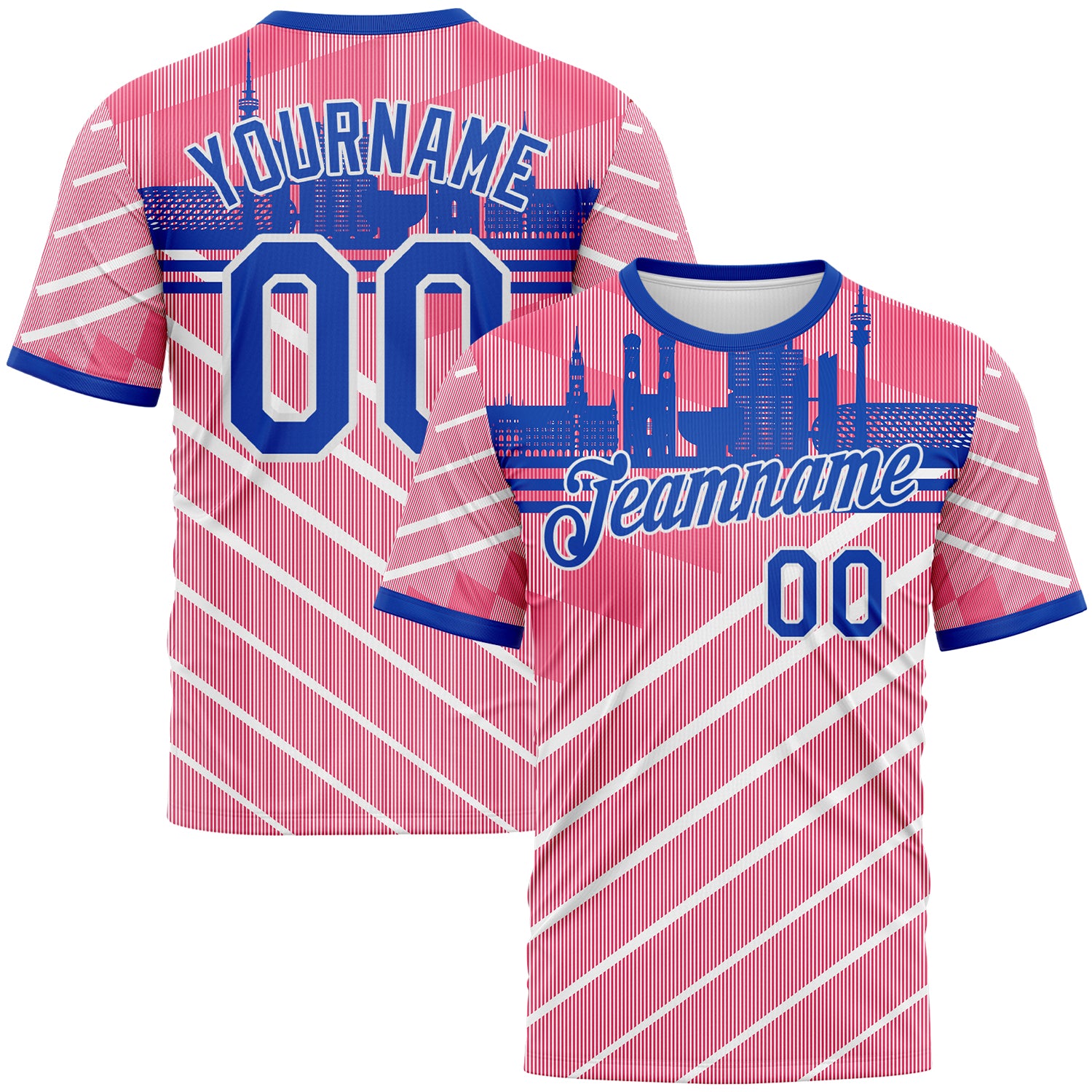 Custom Neon Pink Thunder Blue-White 3D Pattern Munich Skyline Diagonal Stripe Performance T-Shirt