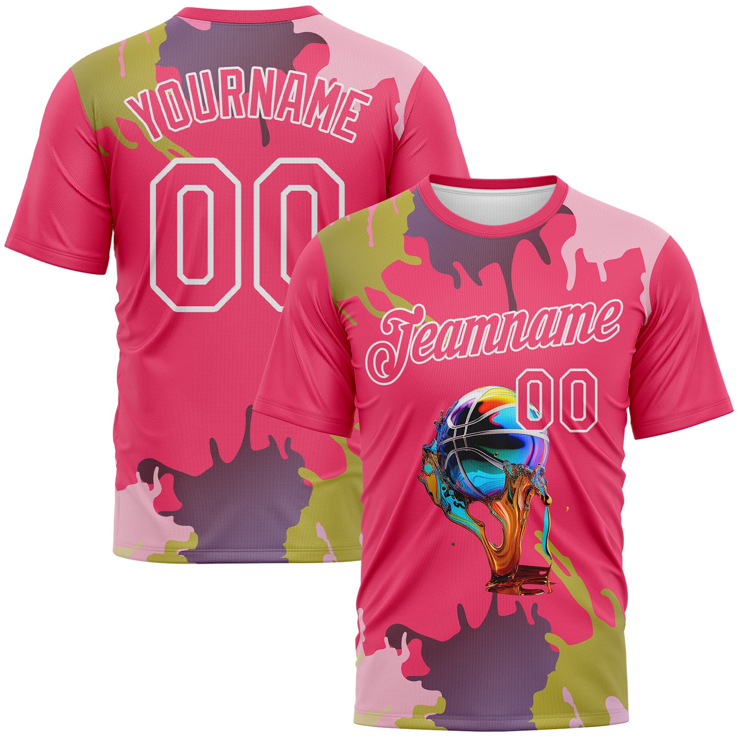 Custom Neon Pink-White 3D Pattern Paint Splash Basketball Graffiti Style Performance T-Shirt