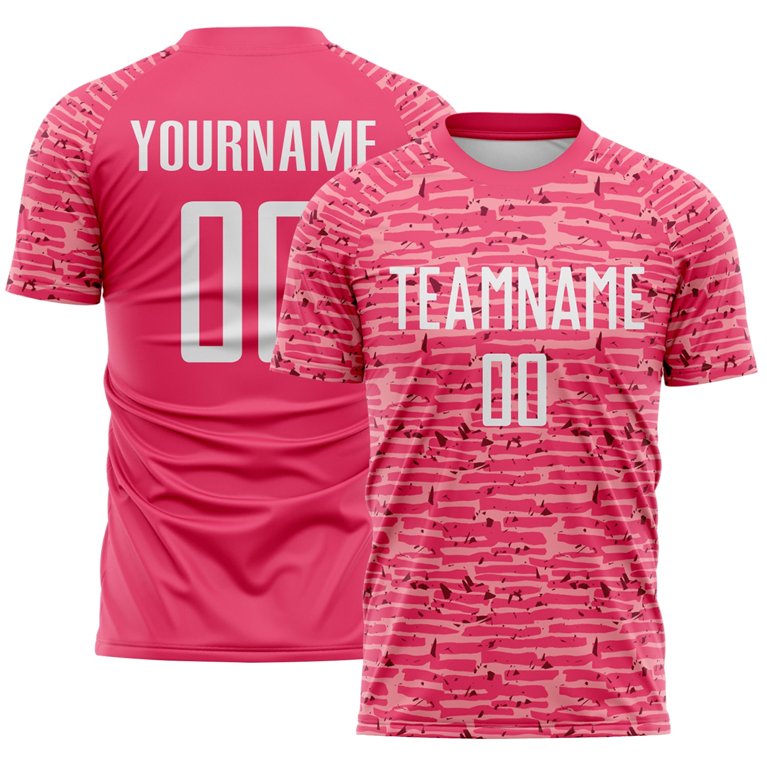 Custom Neon Pink-White Distressed Fragment Brush Stroke Sublimation Soccer Uniform Jersey