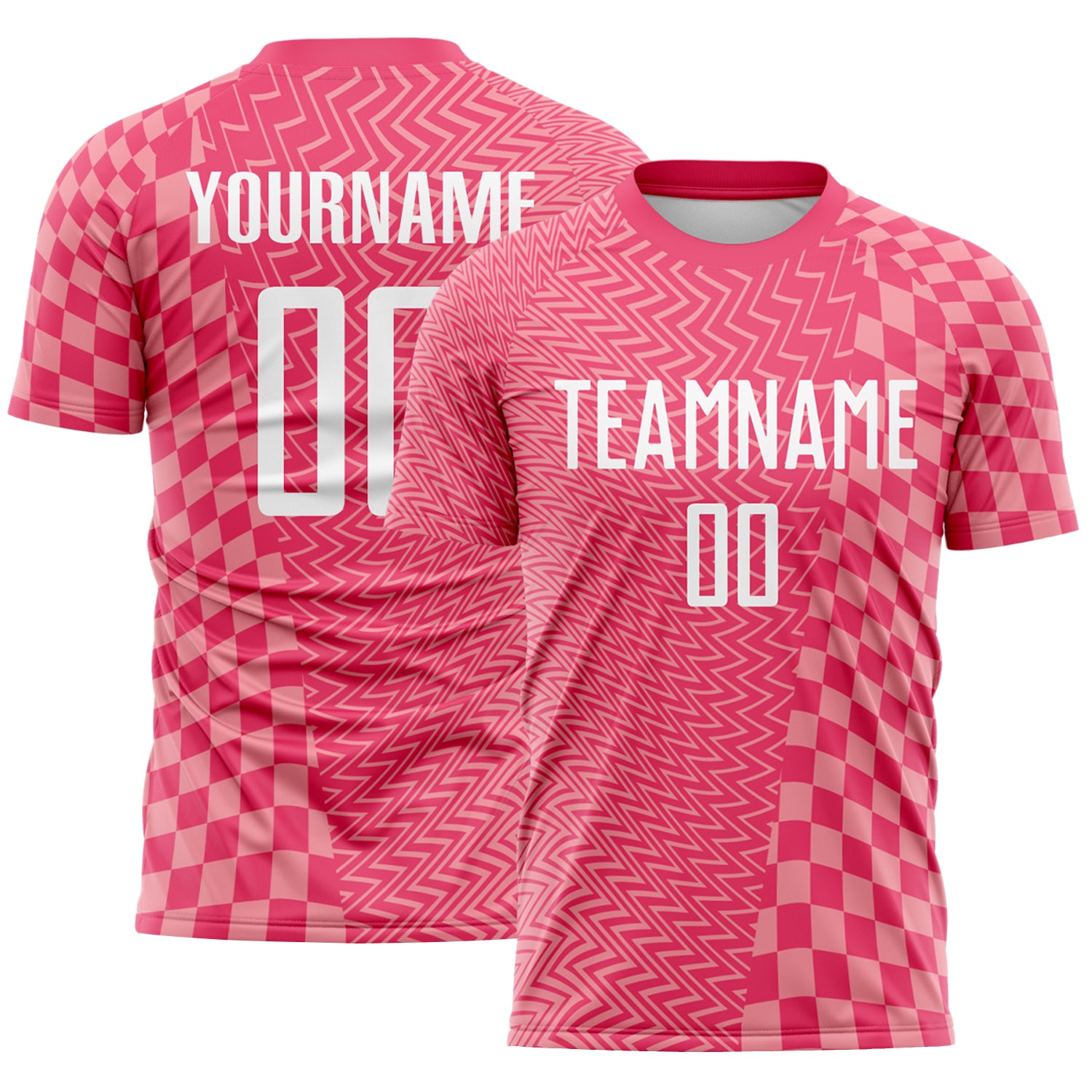 Custom Neon Pink White-Medium Pink Geometric Patchwork Asymmetry Checkered Zigzag Lines Sublimation Soccer Uniform Jersey
