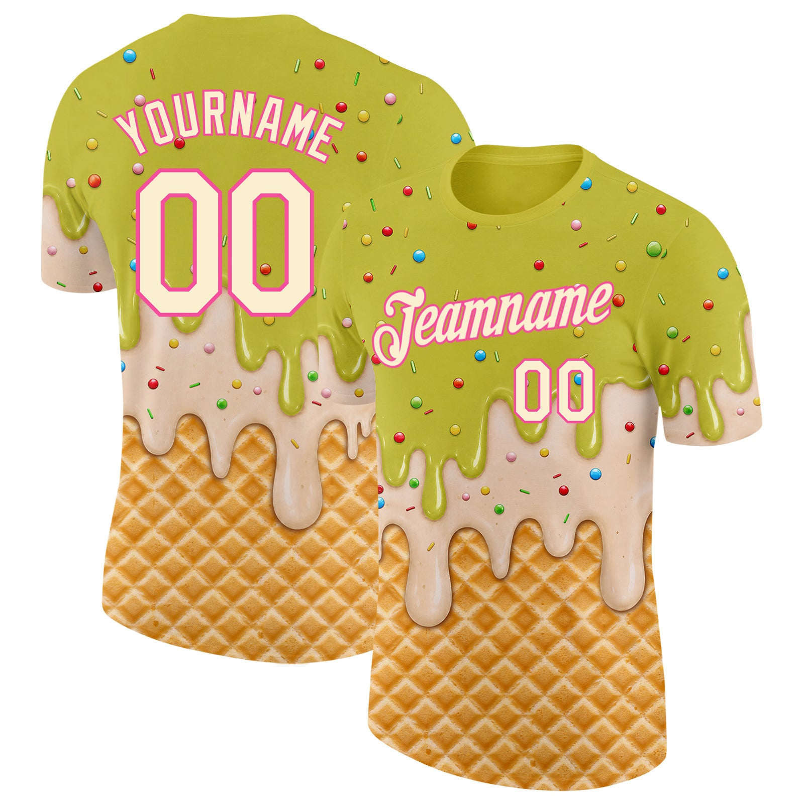 Custom Neon Yellow Cream-Pink Ice Cream Waffle Foodie Dessert Performance T-Shirt