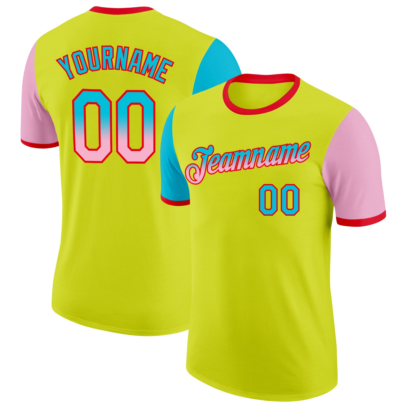 Custom Neon Yellow Lakes Blue Light Pink-Fire Red Gradient Two Tone Performance T-Shirt