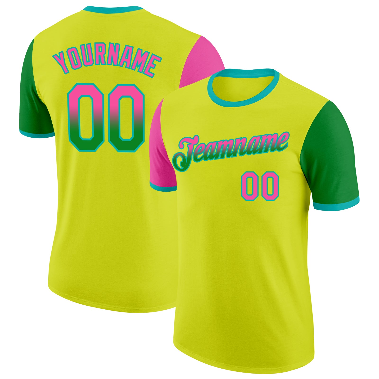 Custom Neon Yellow Pink Grass Green-Aqua Gradient Two Tone Performance T-Shirt