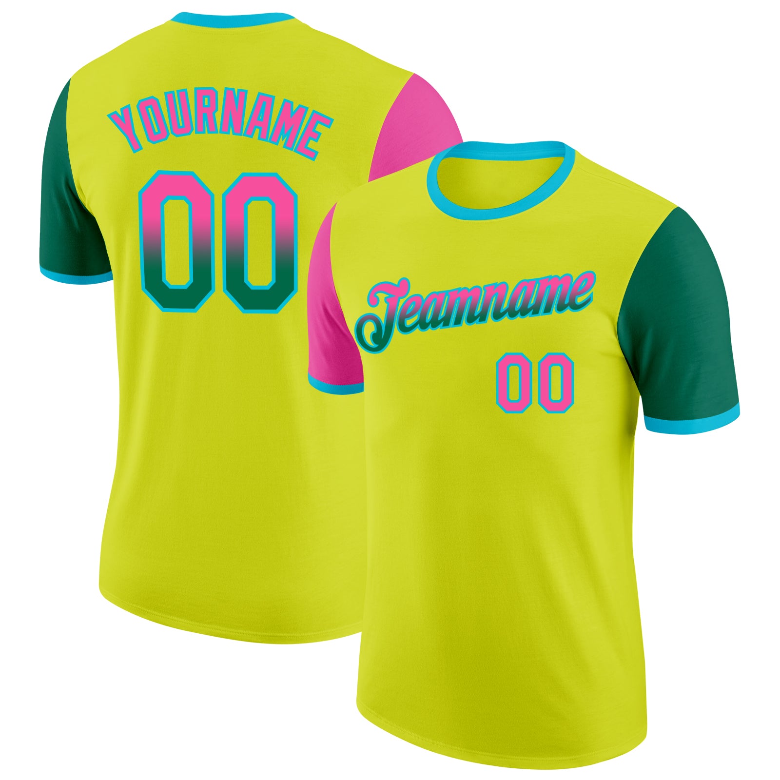 Custom Neon Yellow Pink Kelly Green-Lakes Blue Gradient Two Tone Performance T-Shirt