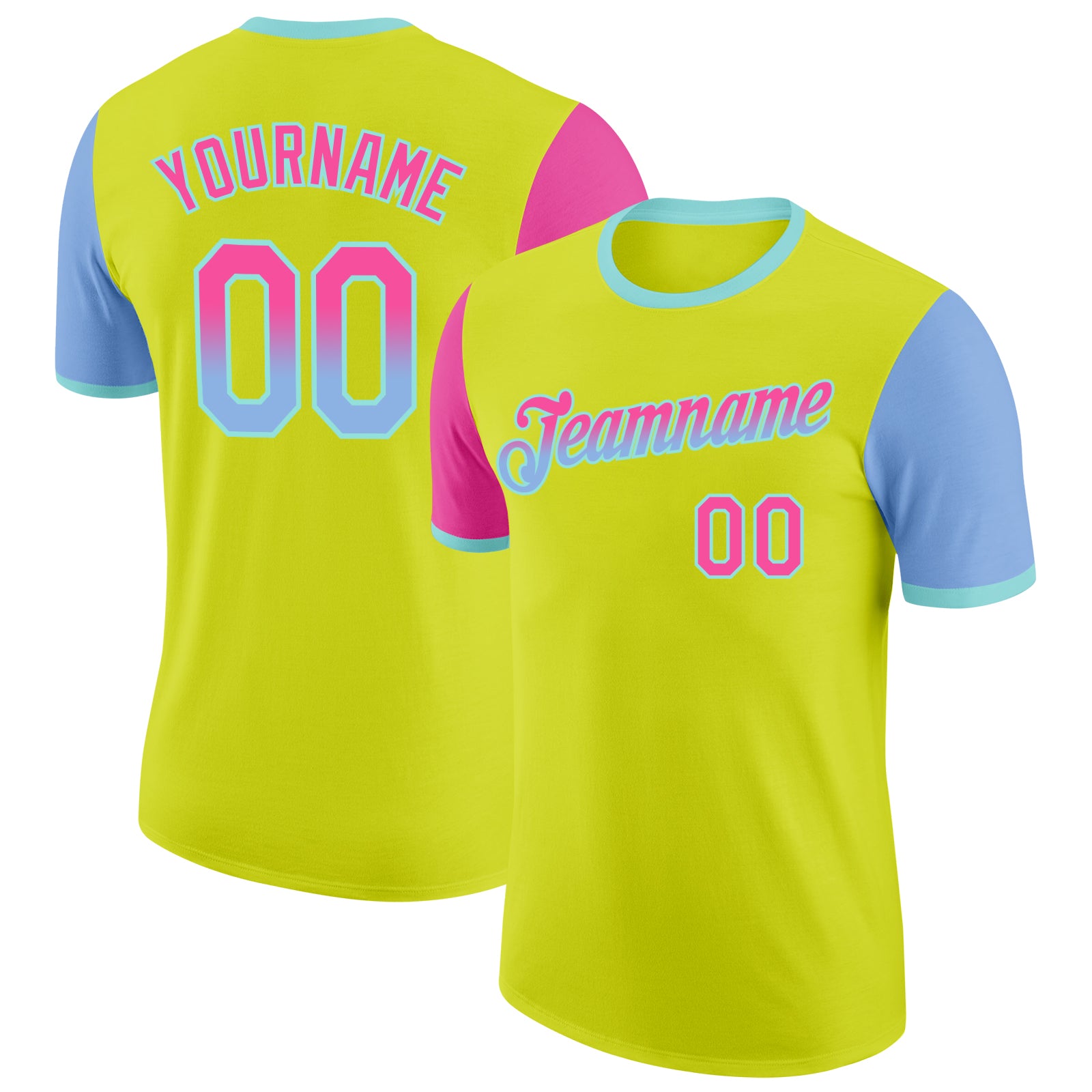 Custom Neon Yellow Pink Light Blue-Ice Blue Gradient Two Tone Performance T-Shirt