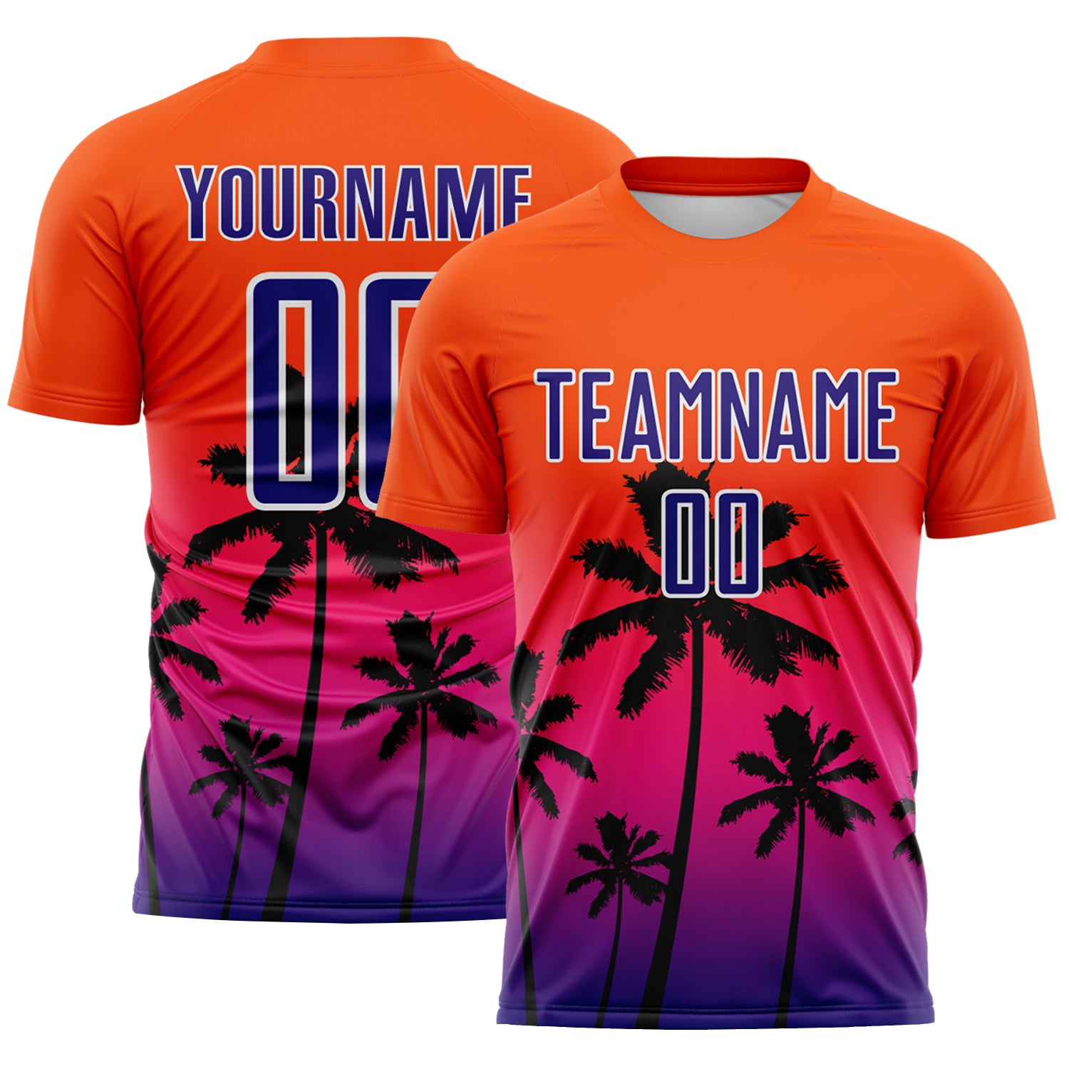 Custom Orange Dark Purple Hot Pink-White Tropical Hawaii Palm Trees Gradient Sublimation Soccer Uniform Jersey