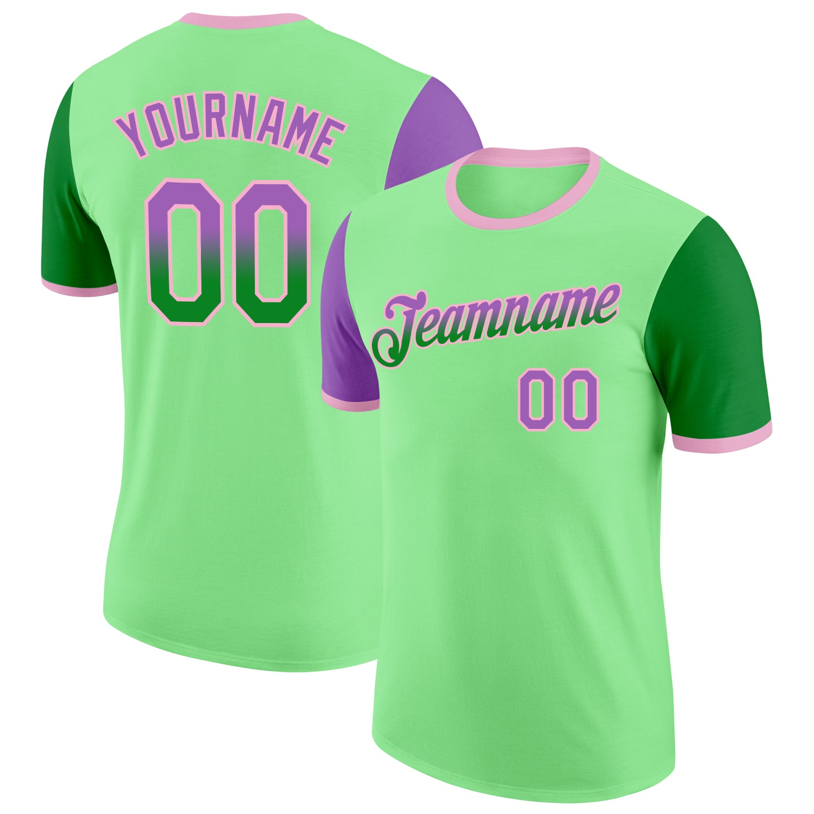 Custom Pea Green Medium Purple Grass Green-Light Pink Gradient Two Tone Performance T-Shirt