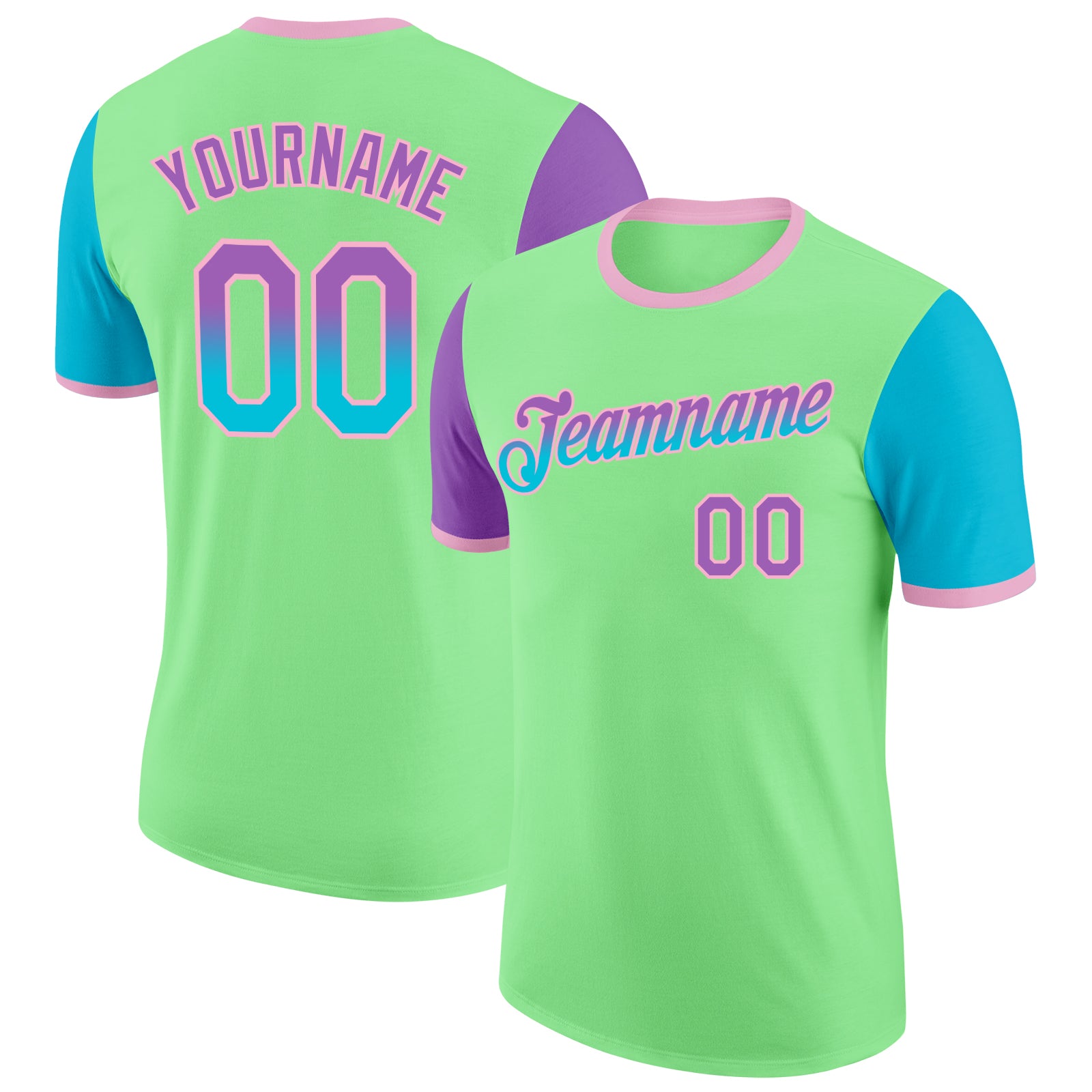 Custom Pea Green Medium Purple Lakes Blue-Light Pink Gradient Two Tone Performance T-Shirt