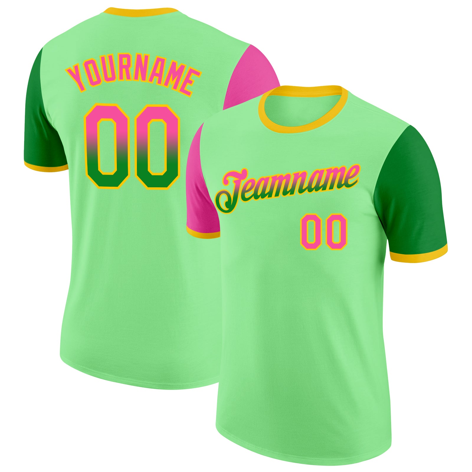 Custom Pea Green Pink Grass Green-Yellow Gradient Two Tone Performance T-Shirt