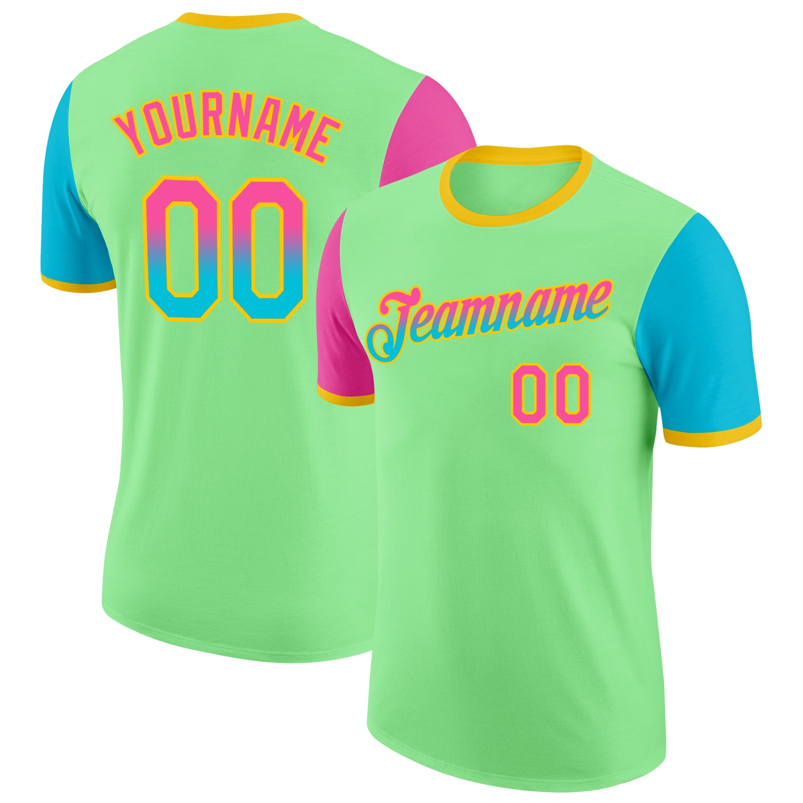 Custom Pea Green Pink Lakes Blue-Yellow Gradient Two Tone Performance T-Shirt
