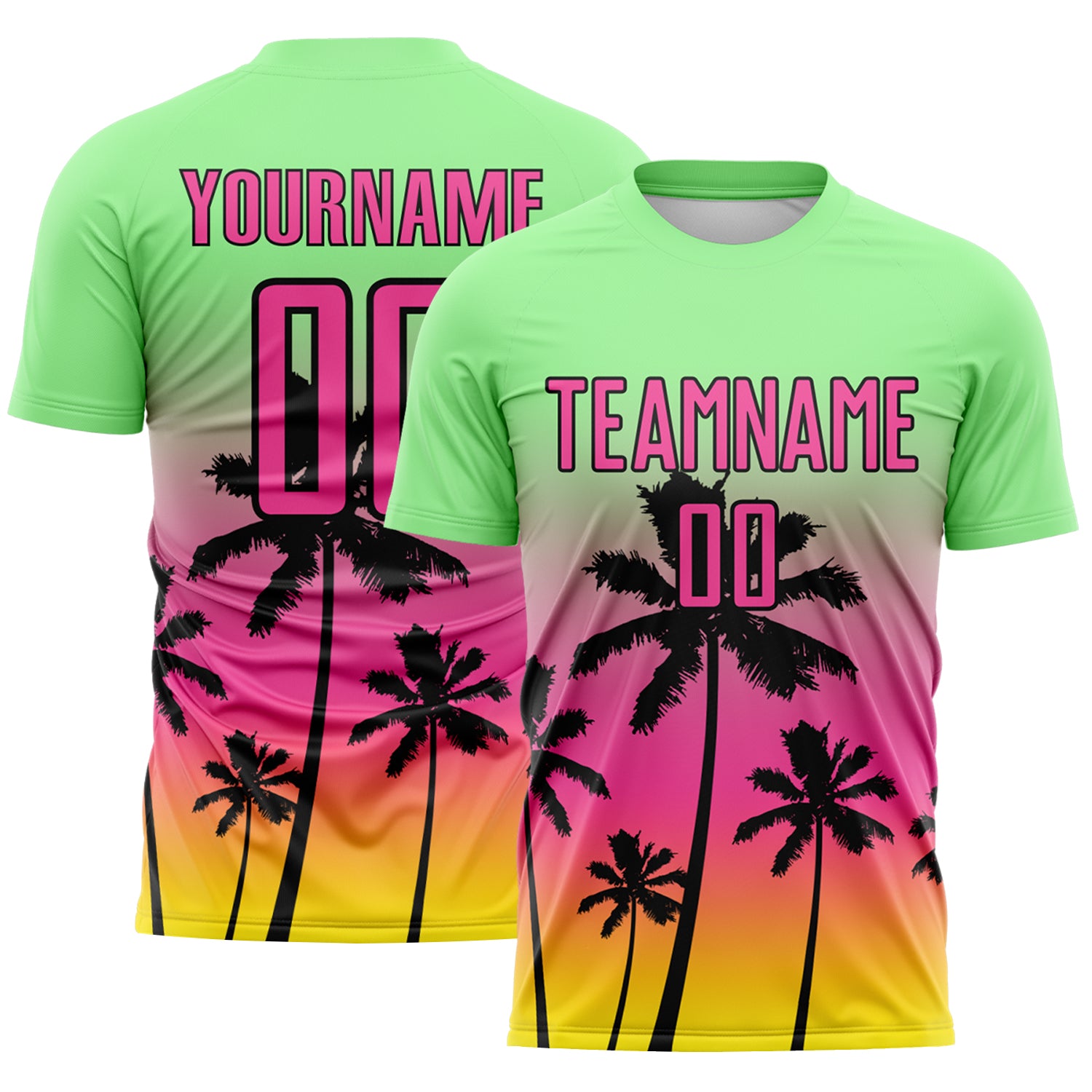 Custom Pea Green Pink Light Yellow-Black Tropical Hawaii Palm Trees Gradient Sublimation Soccer Uniform Jersey
