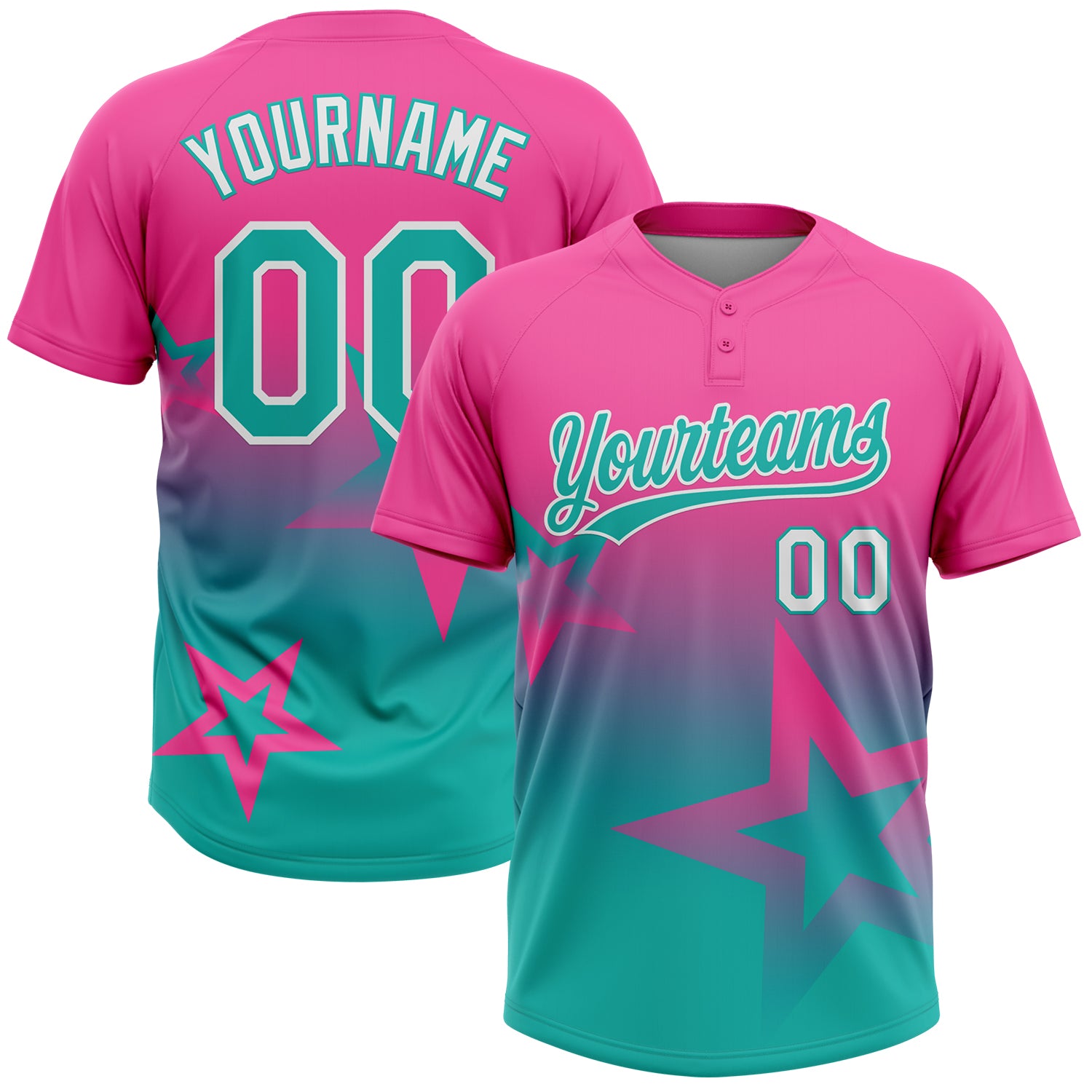 Custom Pink Aqua-White Gradient Style Twinkle Star Two-Button Unisex Softball Jersey