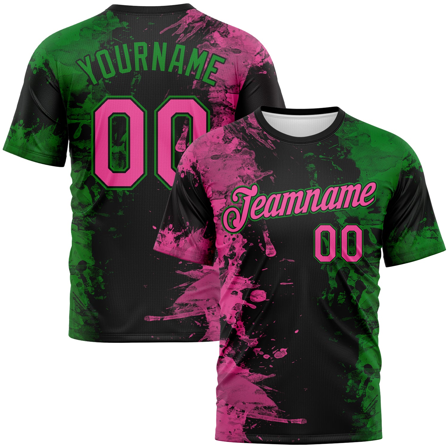Custom Pink Black-Grass Green 3D Pattern Ink Splash Duotono Style Performance T-Shirt