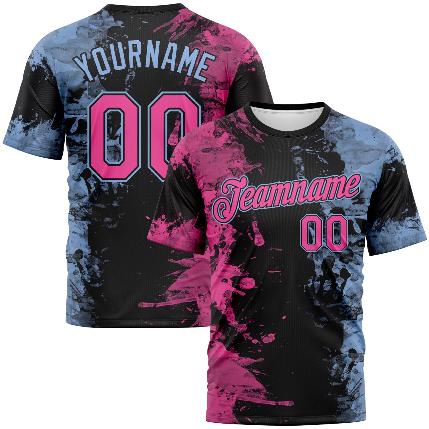 Custom Pink Black-Light Blue 3D Pattern Ink Splash Duotono Style Performance T-Shirt