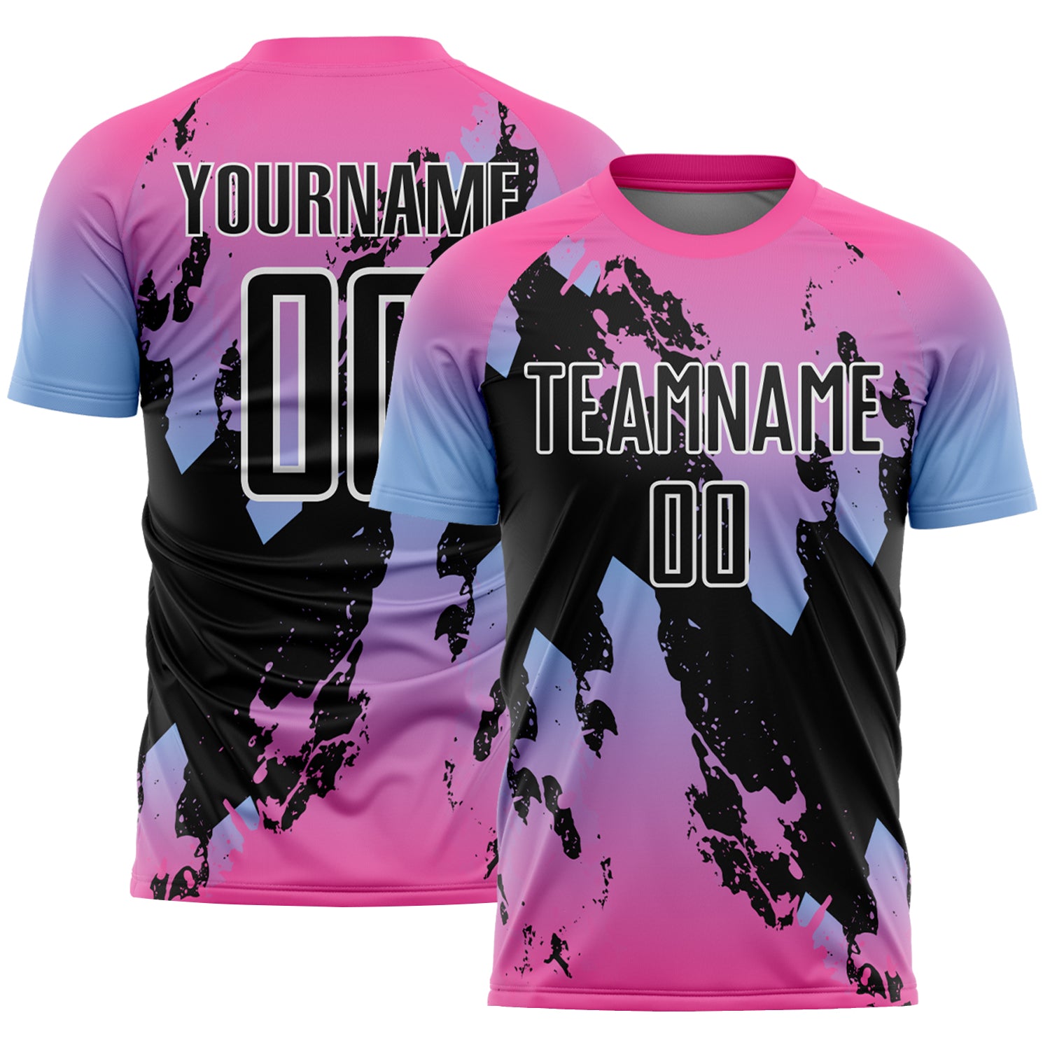 Custom Pink Black Light Blue-White Gradient Splash Sublimation Soccer Uniform Jersey
