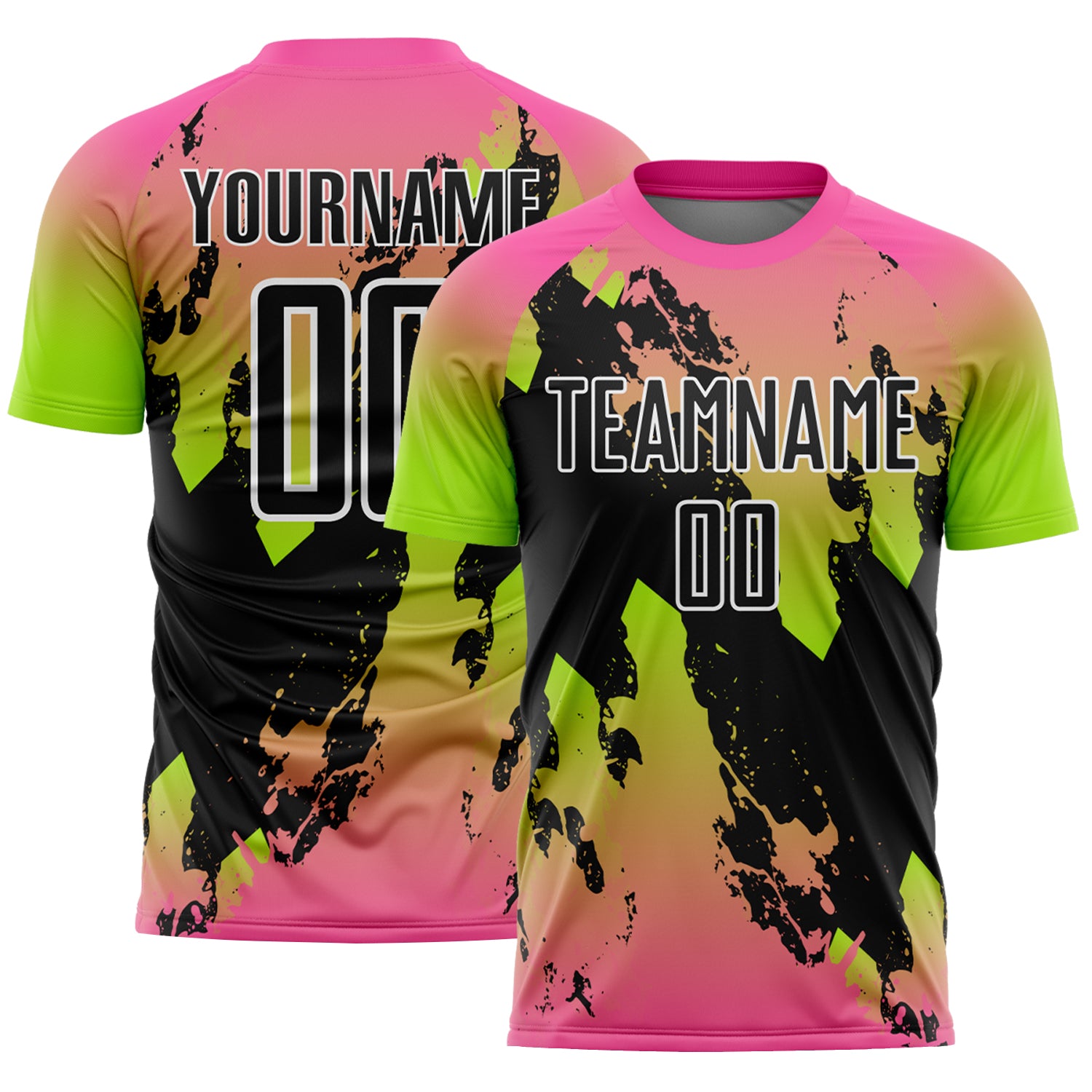 Custom Pink Black Neon Green-White Gradient Splash Sublimation Soccer Uniform Jersey