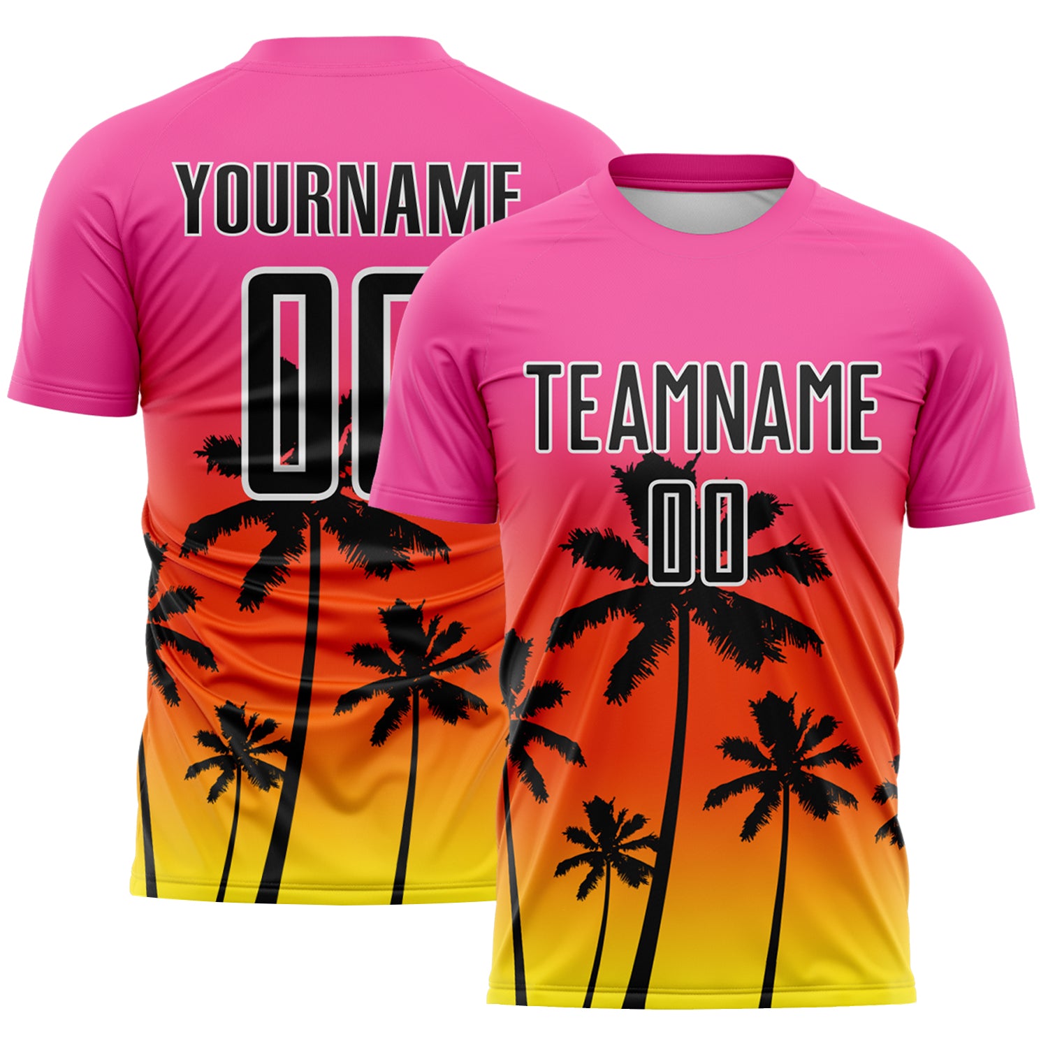 Custom Pink Black Orange Light Yellow-White Tropical Hawaii Palm Trees Gradient Sublimation Soccer Uniform Jersey