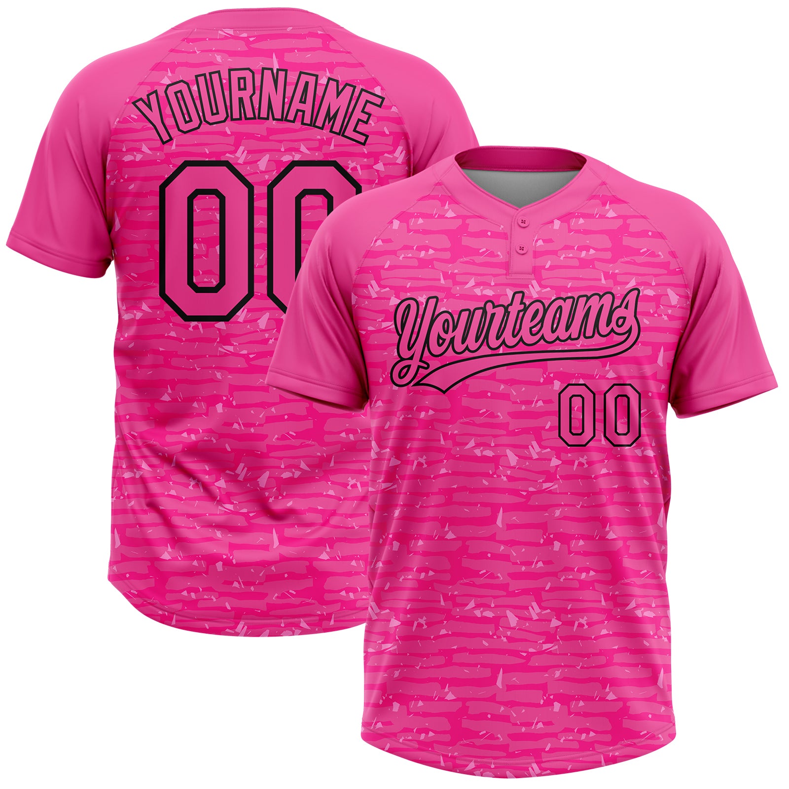Custom Pink-Black Raglan Sleeves Distressed Fragment Brush Stroke Two-Button Unisex Softball Jersey