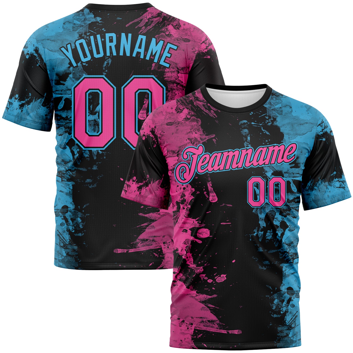 Custom Pink Black-Sky Blue 3D Pattern Ink Splash Duotono Style Performance T-Shirt