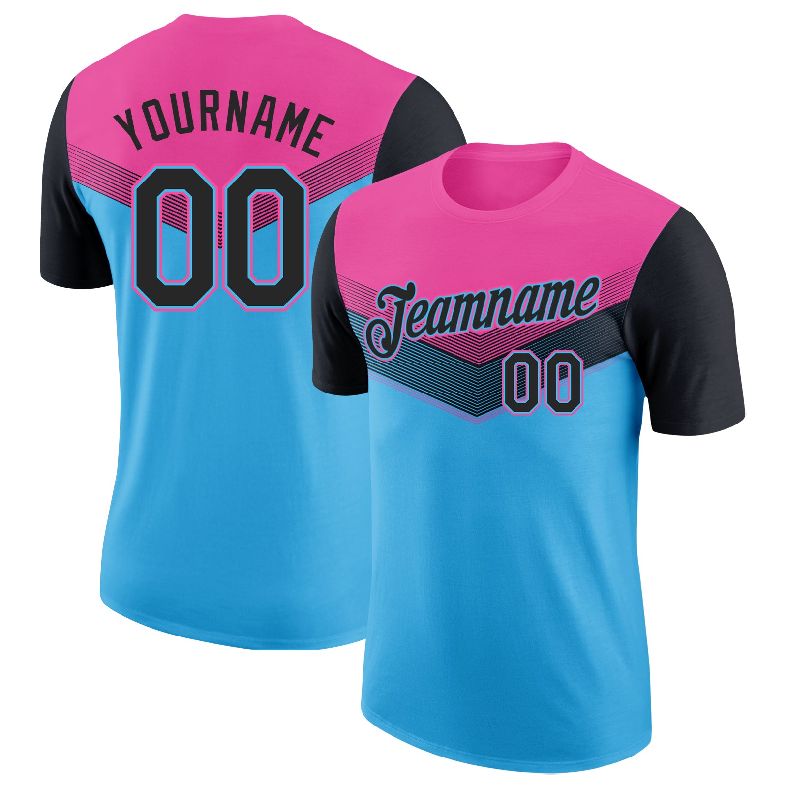 Custom Pink Black-Sky Blue Geometric V-Lines Color Block Performance T-Shirt