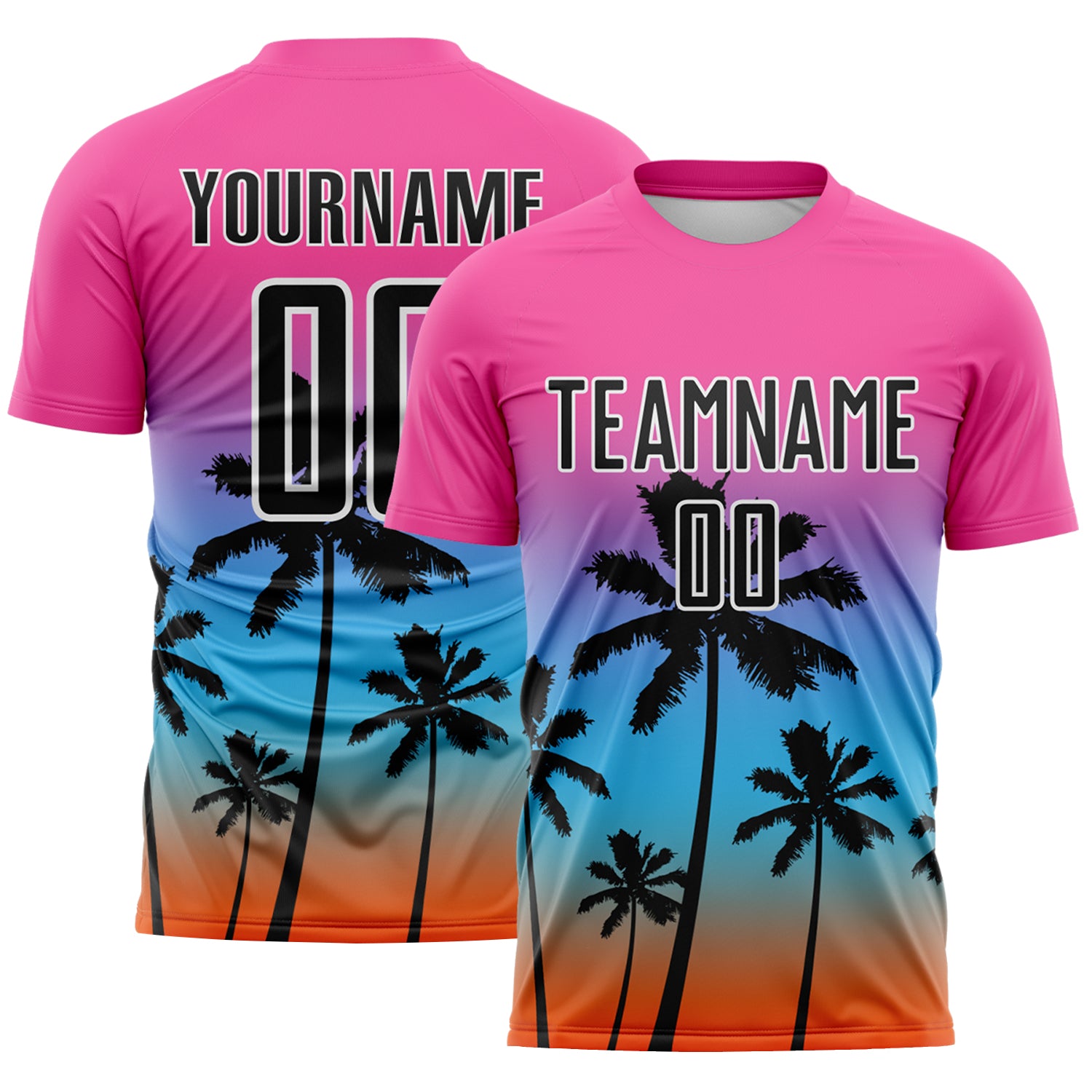 Custom Pink Black Sky Blue Orange-White Tropical Hawaii Palm Trees Gradient Sublimation Soccer Uniform Jersey
