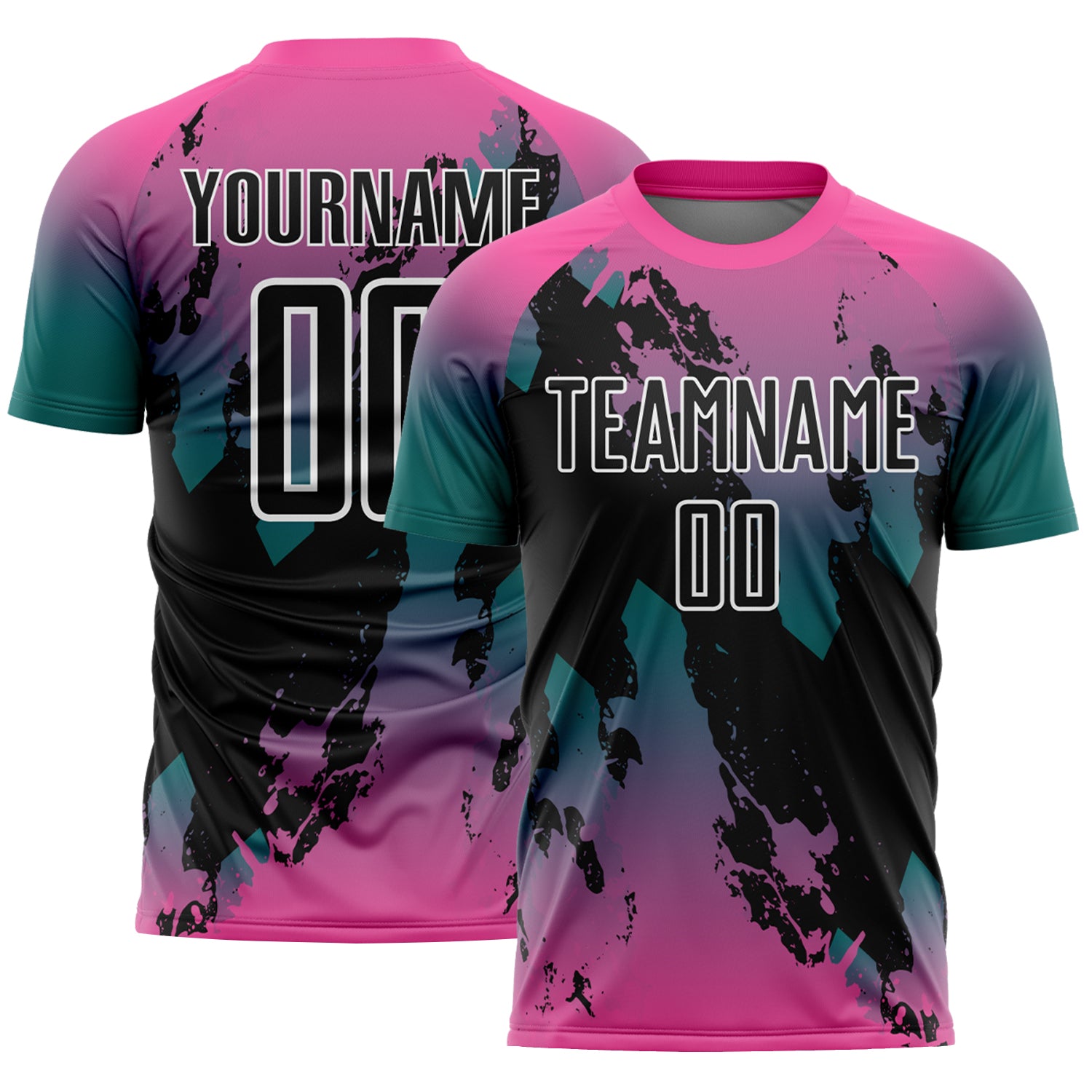 Custom Pink Black Teal-White Gradient Splash Sublimation Soccer Uniform Jersey