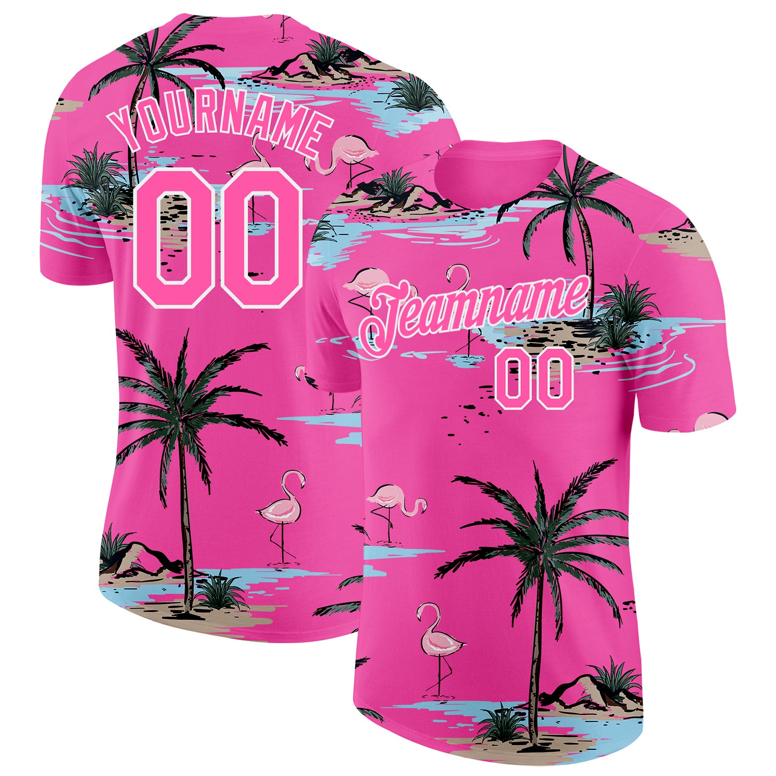 Custom Pink-Black Tropical Hawaii Palm Trees Summer Beach Flamingo Performance T-Shirt