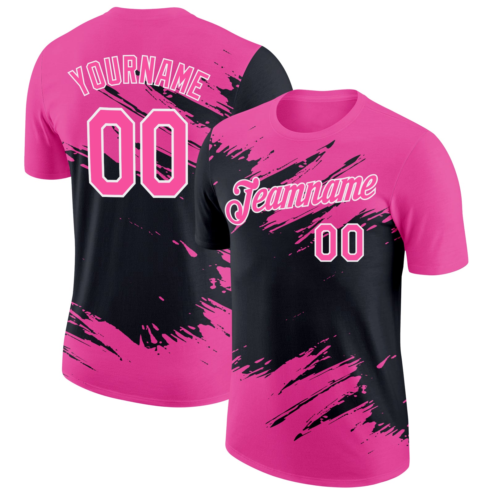 Custom Pink Black-White Abstract Brush Stroke Splatter Performance T-Shirt