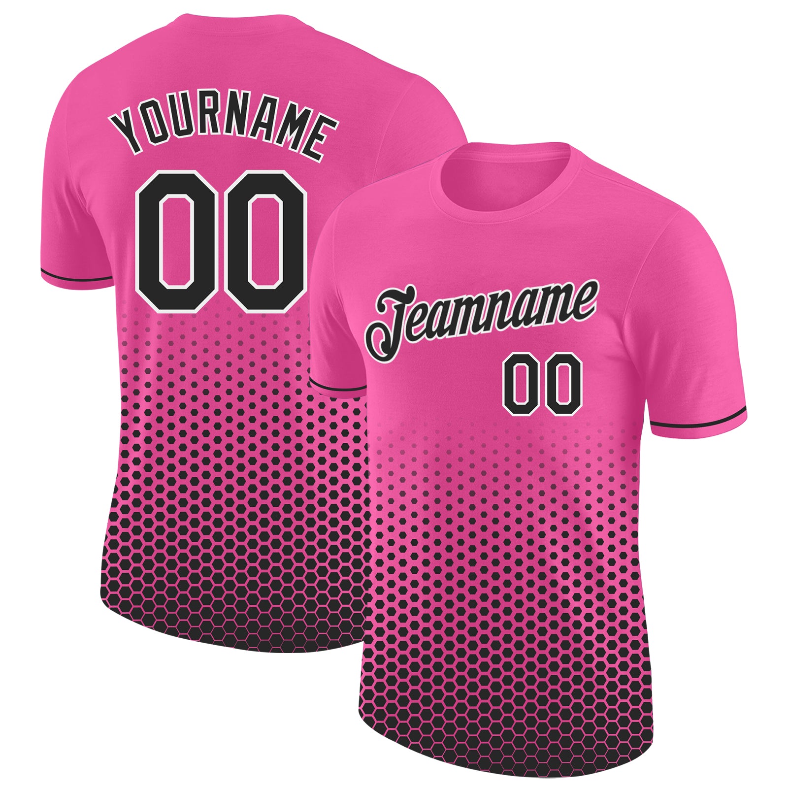 Custom Pink Black-White Geometric Hexagonal Dot Gradient Performance T-Shirt