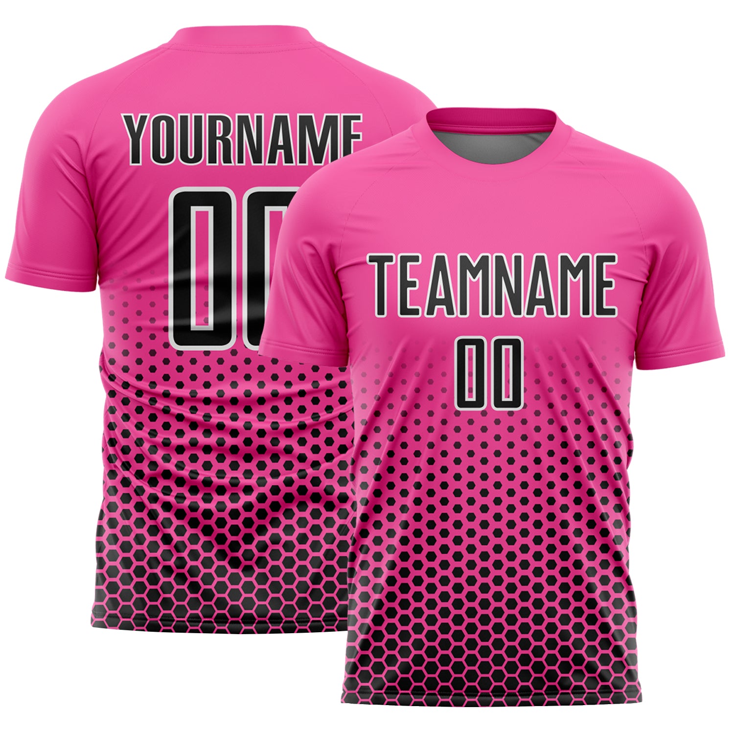 Custom Pink Black-White Geometric Hexagonal Dot Gradient Sublimation Soccer Uniform Jersey