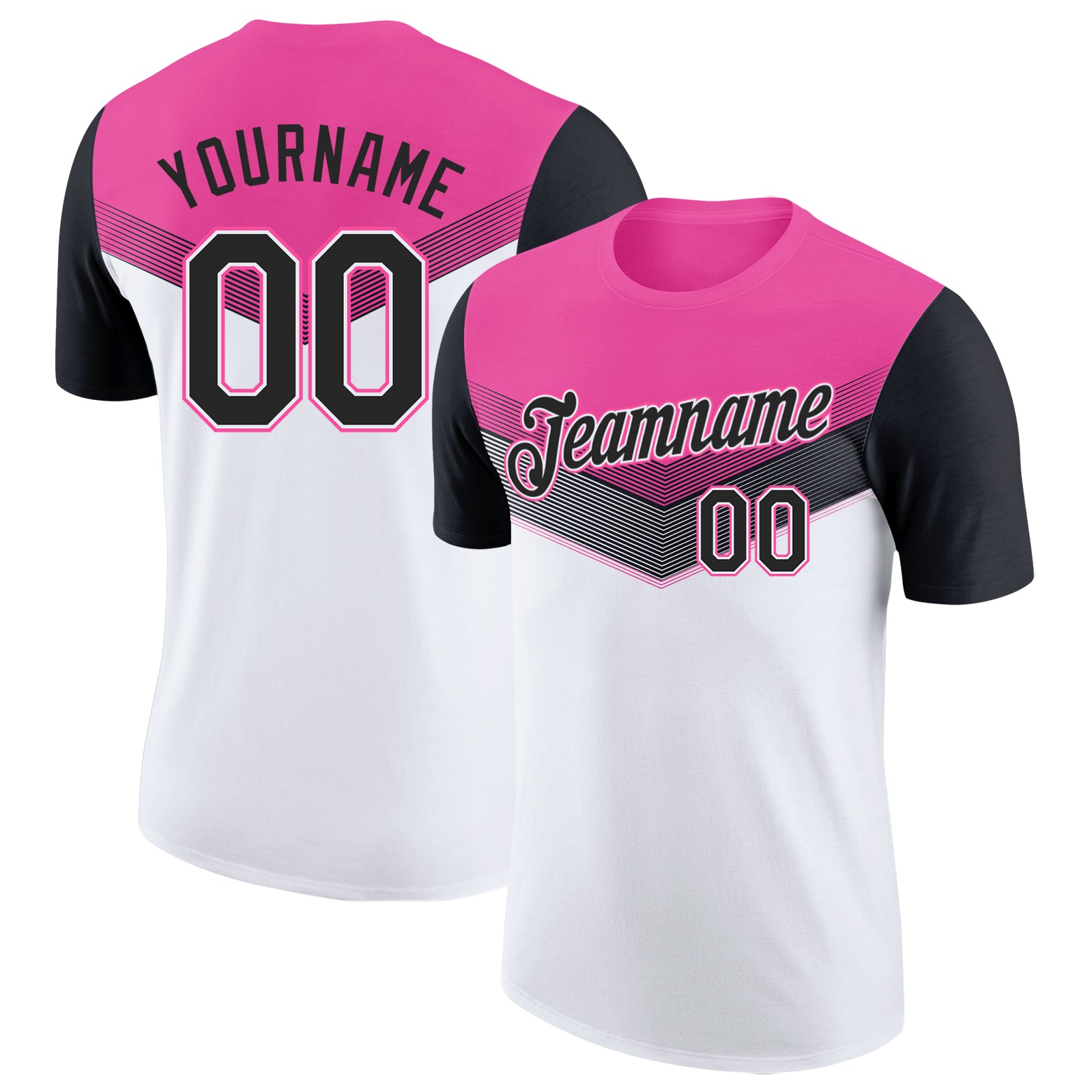 Custom Pink Black-White Geometric V-Lines Color Block Performance T-Shirt