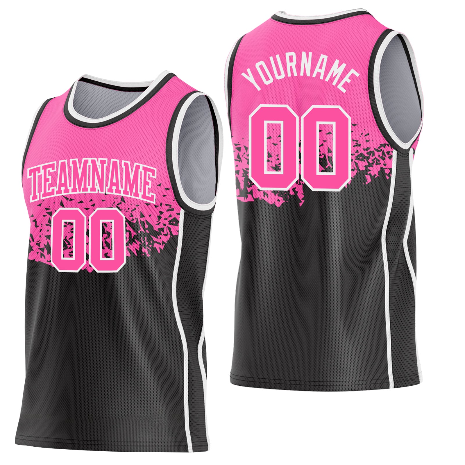 Custom Pink Black-White Shattered Geometric Side Panel Stripe Round Neck Sublimation Basketball Set Jersey