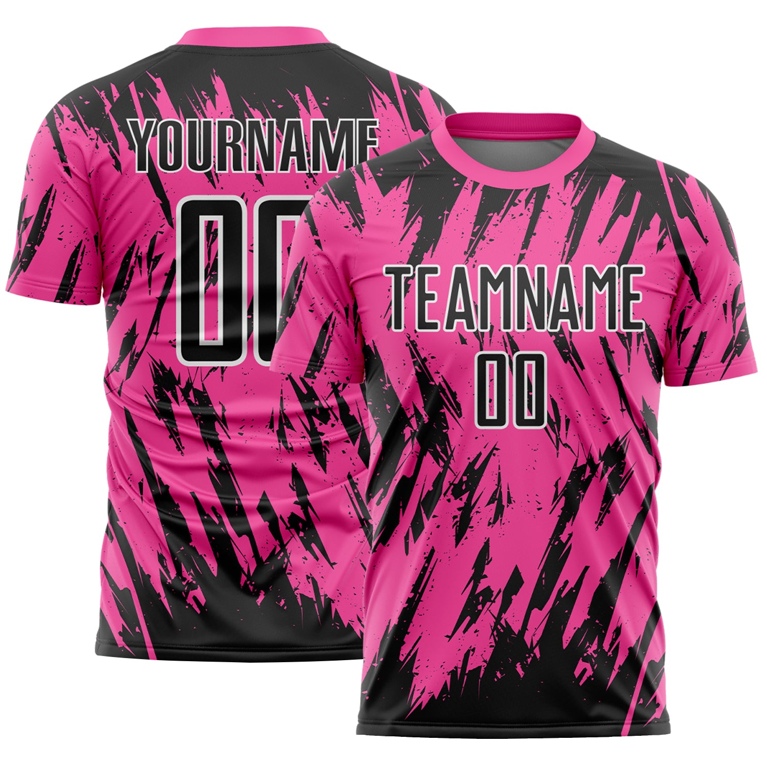 Custom Pink Black-White Splatter Torn Sharp Brush Stroke Sublimation Soccer Uniform Jersey