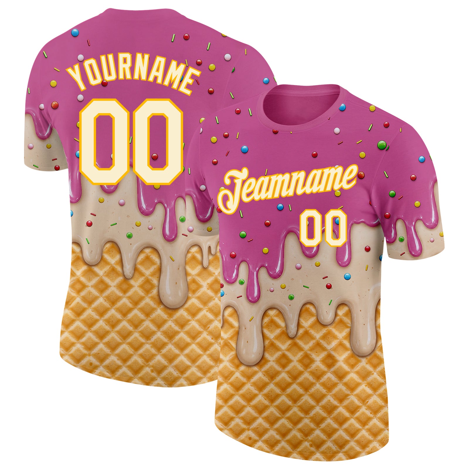 Custom Pink Cream-Gold Ice Cream Waffle Foodie Dessert Performance T-Shirt