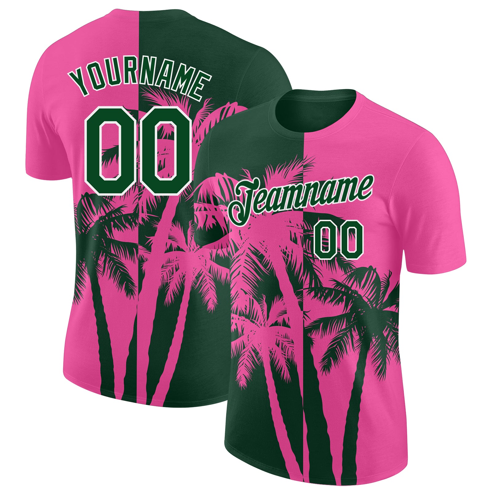 Custom Pink Green-White Hawaii Tropical Coastal Palm Trees Performance T-Shirt