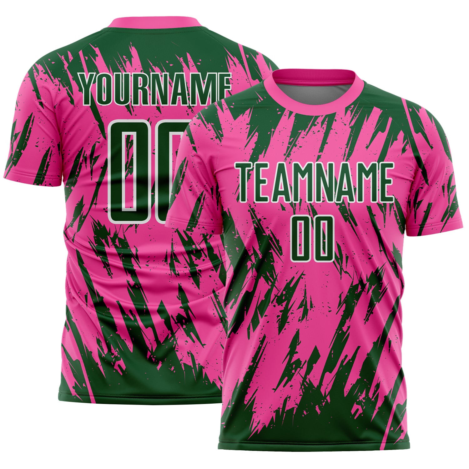 Custom Pink Green-White Splatter Torn Sharp Brush Stroke Sublimation Soccer Uniform Jersey