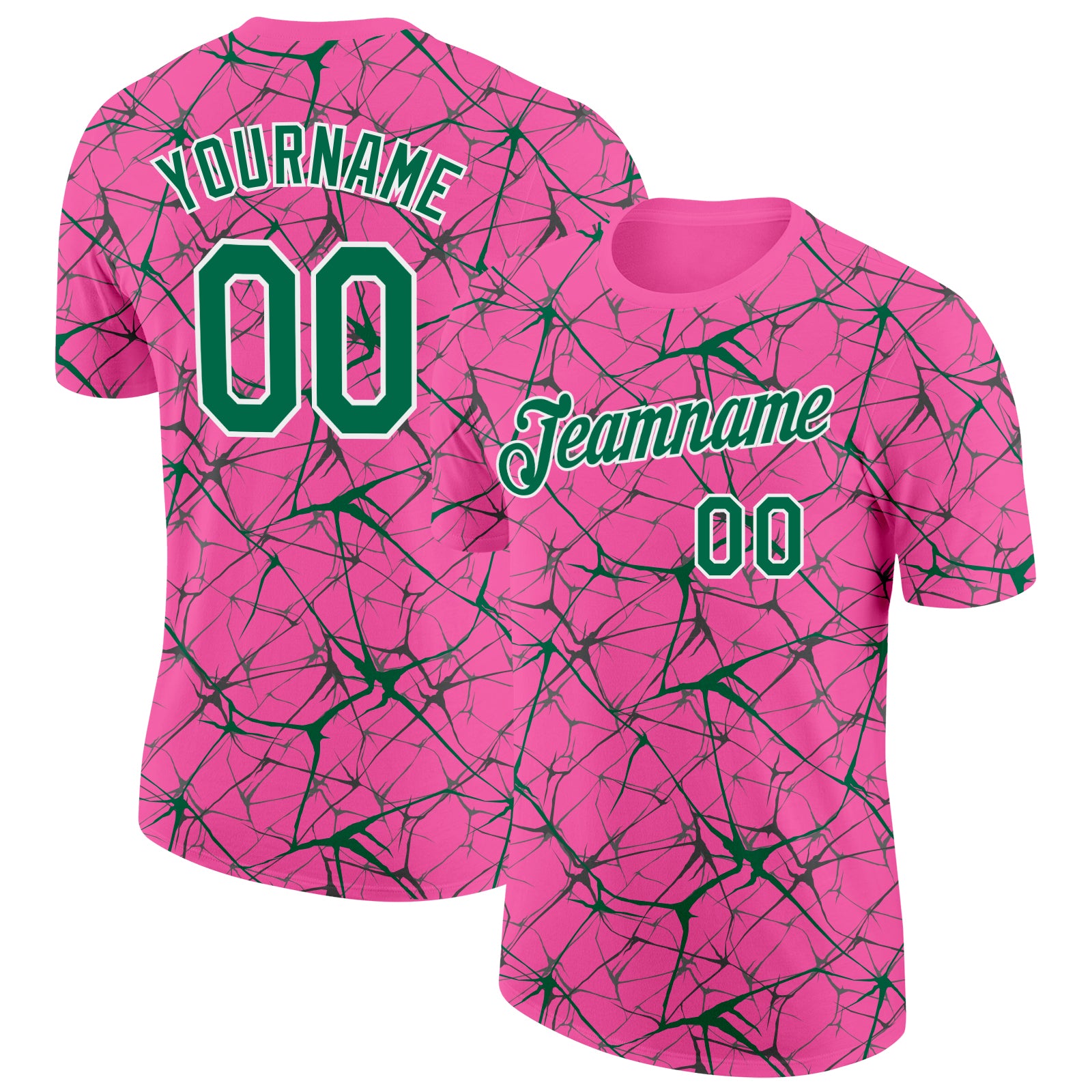 Custom Pink Kelly Green Gray-White Abstract Network Crackle Performance T-Shirt