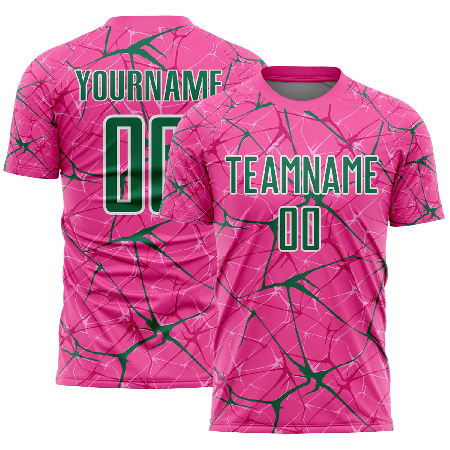 Custom Pink Kelly Green-White Abstract Network Crackle Sublimation Soccer Uniform Jersey