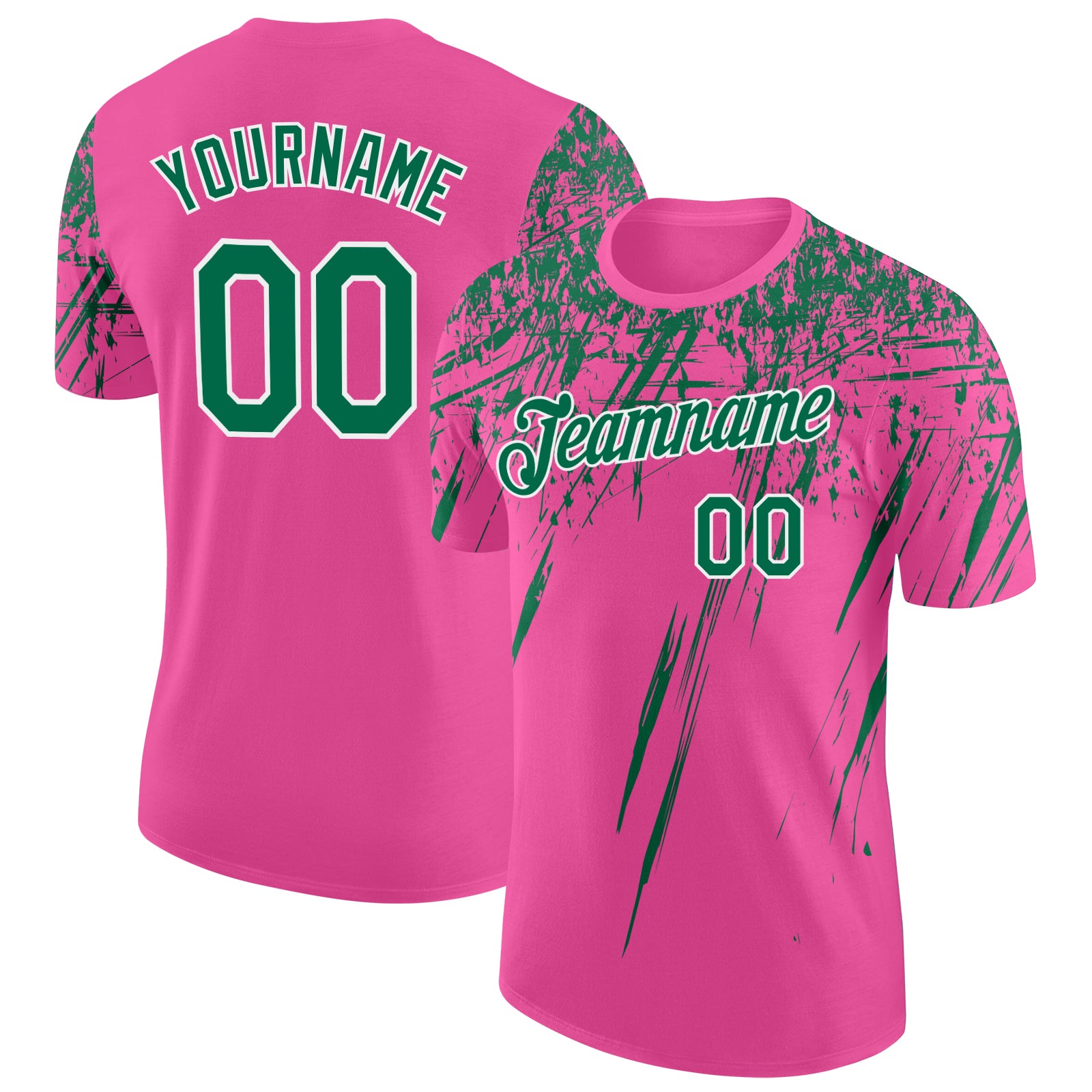 Custom Pink Kelly Green-White Distressed Scratch Brush Stroke Performance T-Shirt