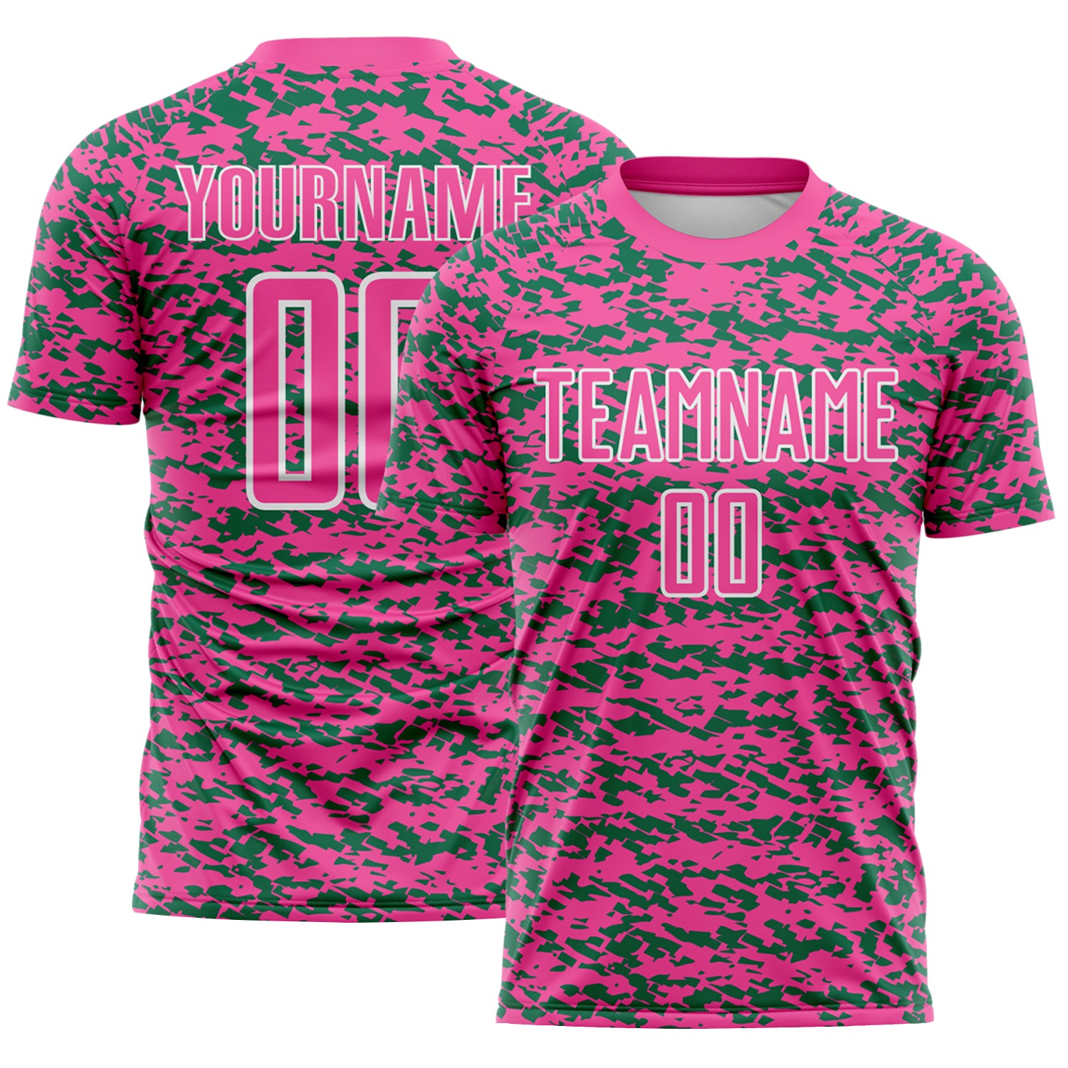 Custom Pink Kelly Green-White Geometric Fragment Splatter Sublimation Soccer Uniform Jersey