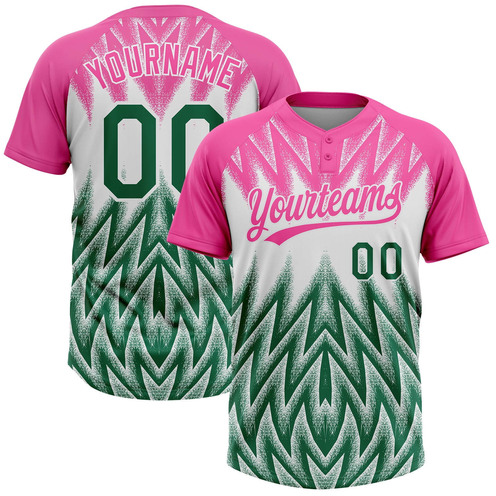 Custom Pink Kelly Green-White Raglan Sleeves Abstract Geometric Chevron Zigzag Two-Button Unisex Softball Jersey